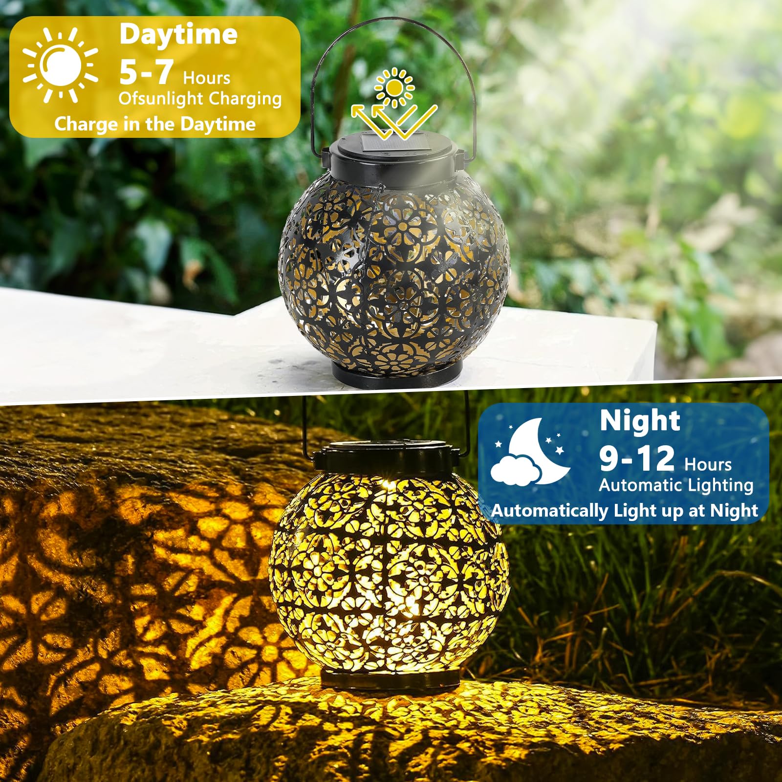 Lanterne da Esterno, 2 Pezzi Lanterna Solare da Esterno, IP55 Impermeabile LED Lanterne Solari da Giardino, Decorazioni Giardino per Giardino Terrazza Balcone Festa Decorazione