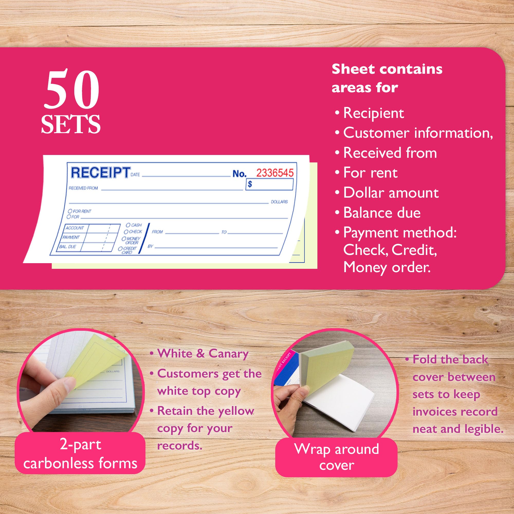 Money And Rent Receipt Books 2-Part Carbonless - 2 Books With 50 Sets Each