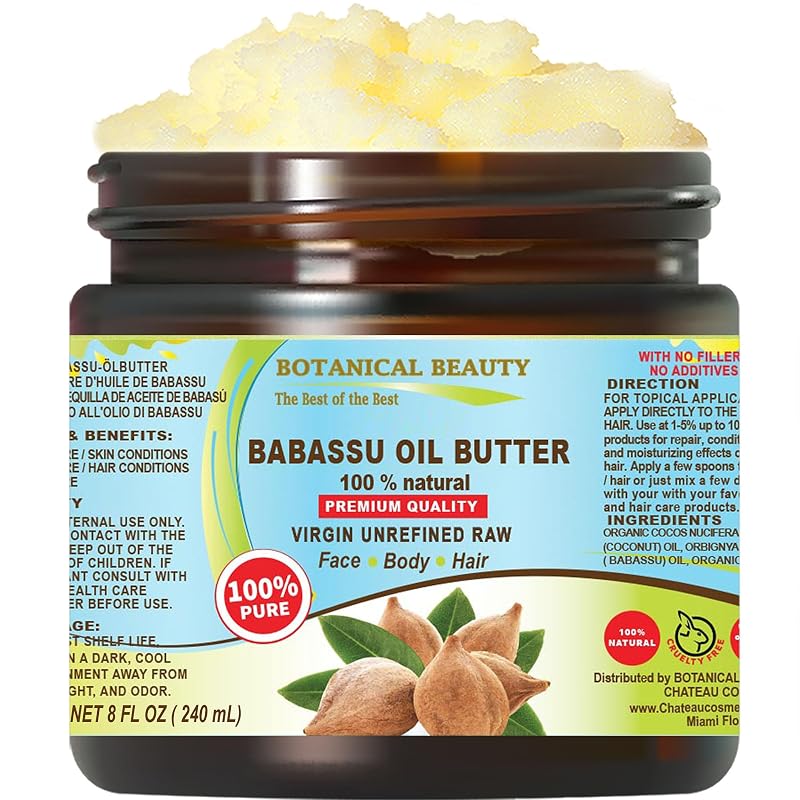 Botanical Beauty Manteiga de Óleo de Babaçu Bruta, Virgem e Prensada a Frio para Pele, Cabelo, Lábios e Unhas, 240 mL