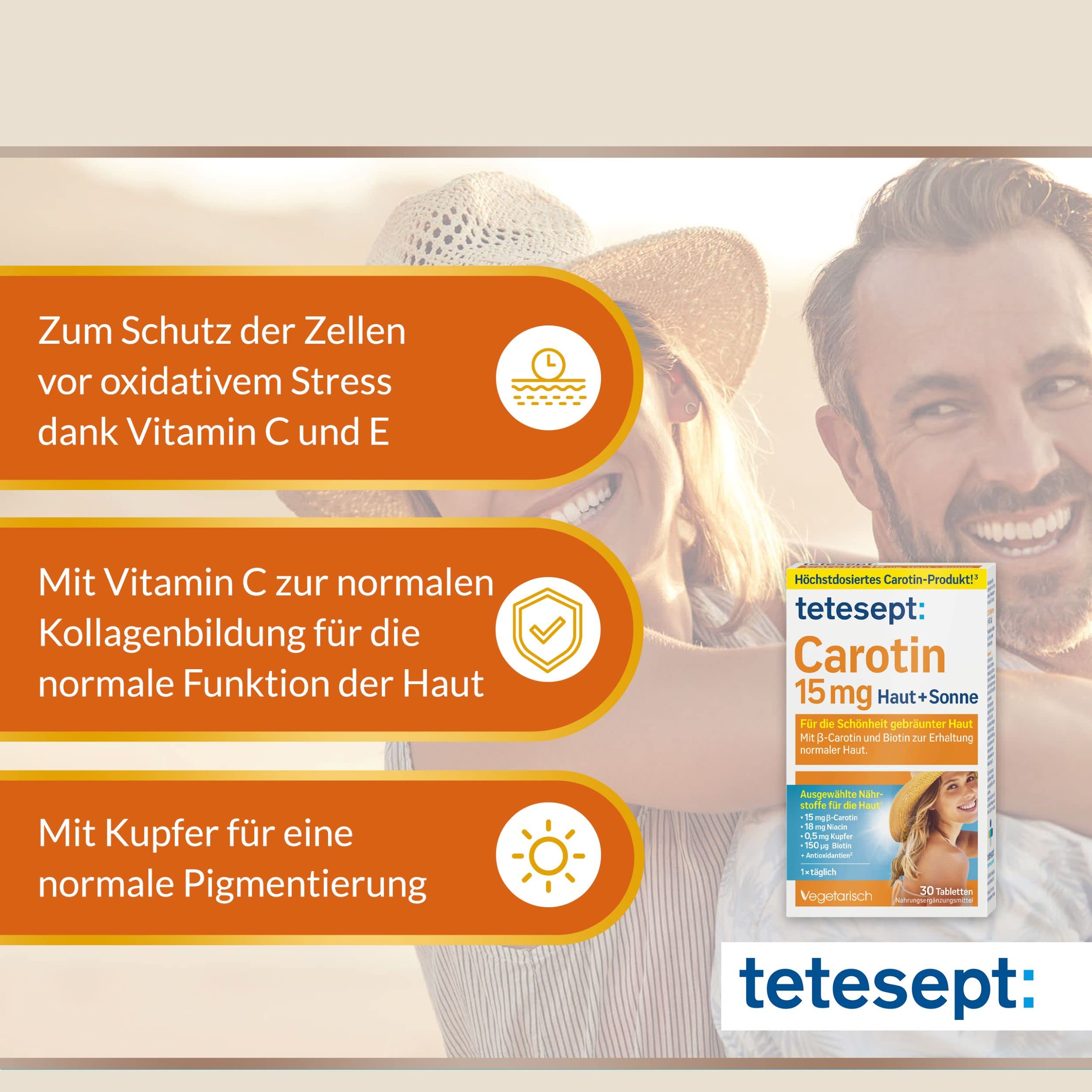 tetesept Carotin 15 mg Haut + Sonne – 5 x 30 Tabletten – Haut Vitamine für die Schönheit gebräunter Haut – Nahrungsergänzungsmittel mit β-Carotin und Antioxidantien