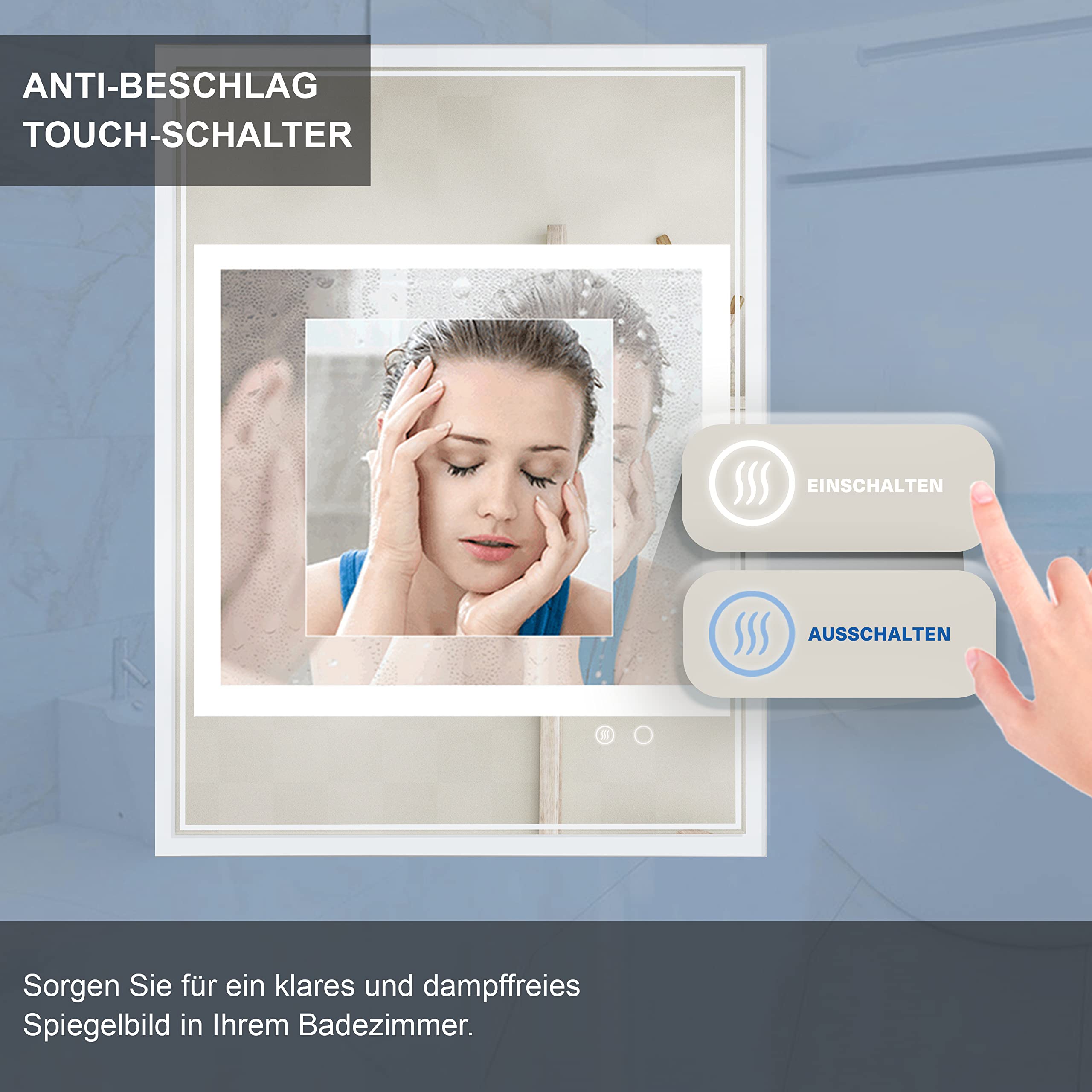 PUCHIKA Badkamerspiegel met verlichting, led-badkamerspiegel, 60 x 80 cm, lcd-touchscreen met tijdweergave, condensvrij, wandspiegel, warmwit/koudwit/neutraal 3000-6400 K, IP44 beschermingsklasse A