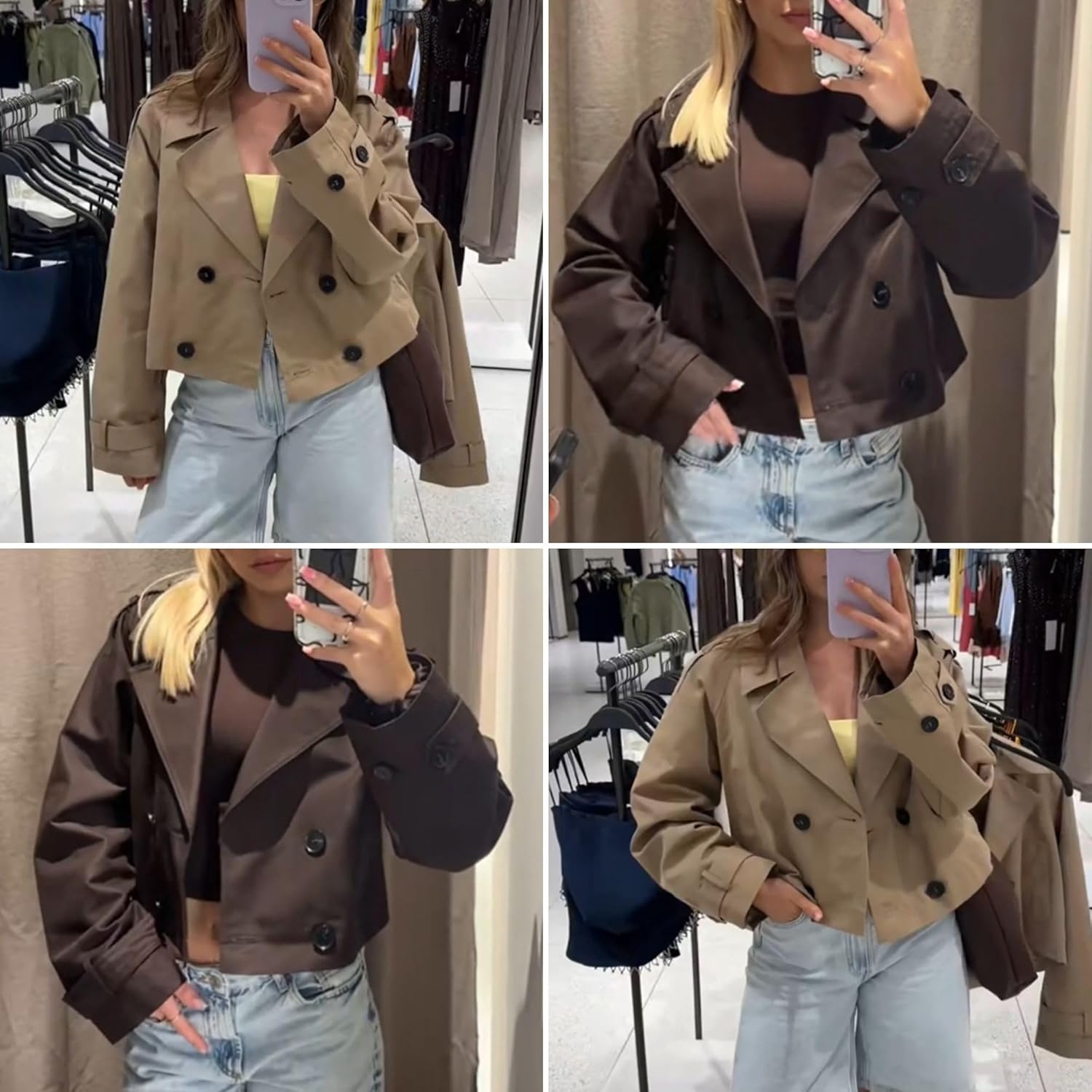 FindThy Women’s Cropped Trench Coat Trendy Notched Lapel Long Sleeve Double Breasted Short Jacket with Pockets