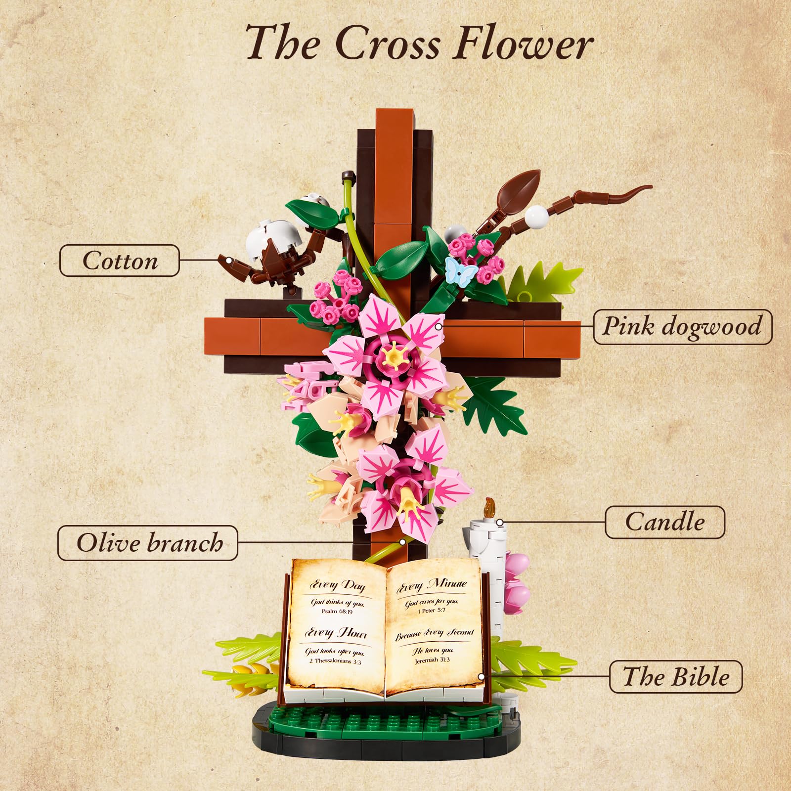 Set di mattoncini da costruzione Flower Cross of Jesus 568 pezzi, giocattoli da costruzione per decorare la cappella di casa, regali pasquali per la scuola domenicale, educazione alla fede