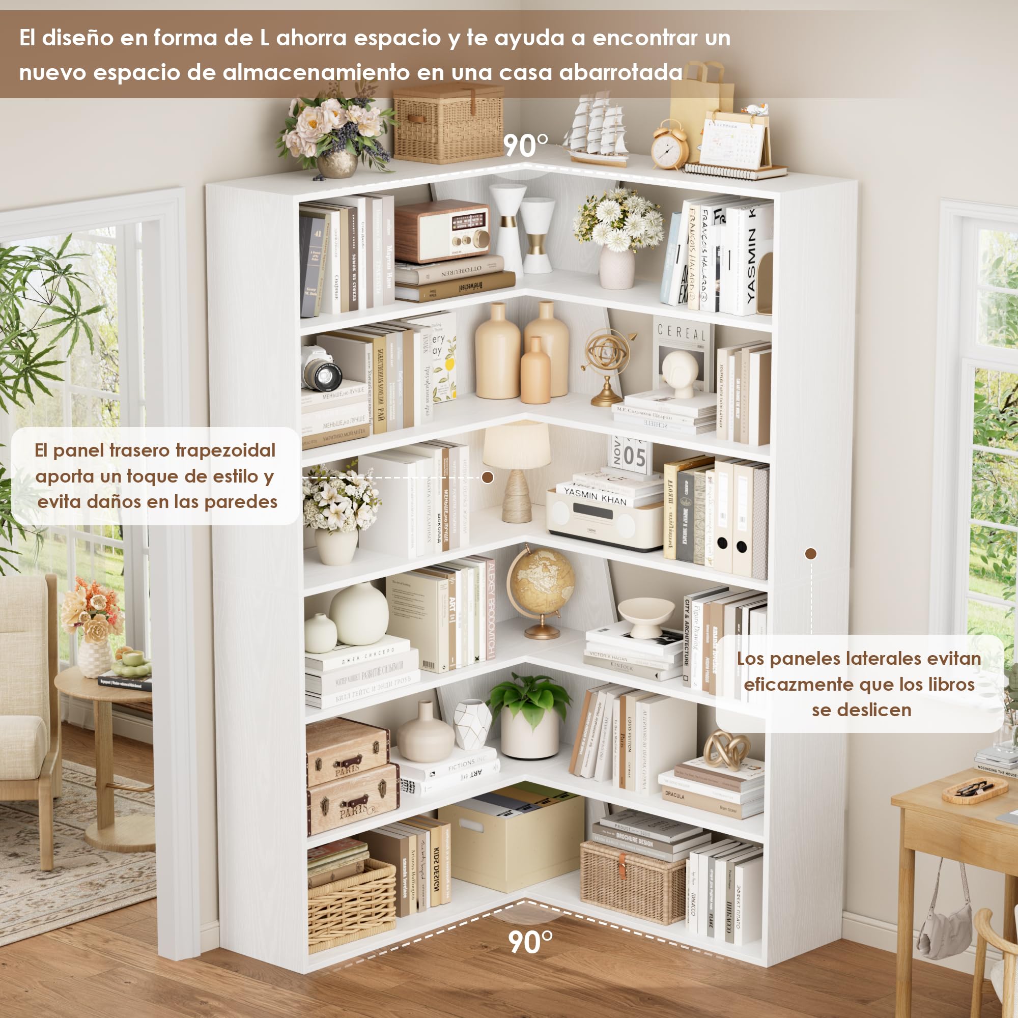 FirFurd 190.5cm Estantería Esquina 6 Niveles, Estantería Libros, Librería Salón, Estanterías Almacenaje Madera, Libreria Estanteria, con 12 Compartimentos, para Salón, Oficina, Estudio (Blanco)