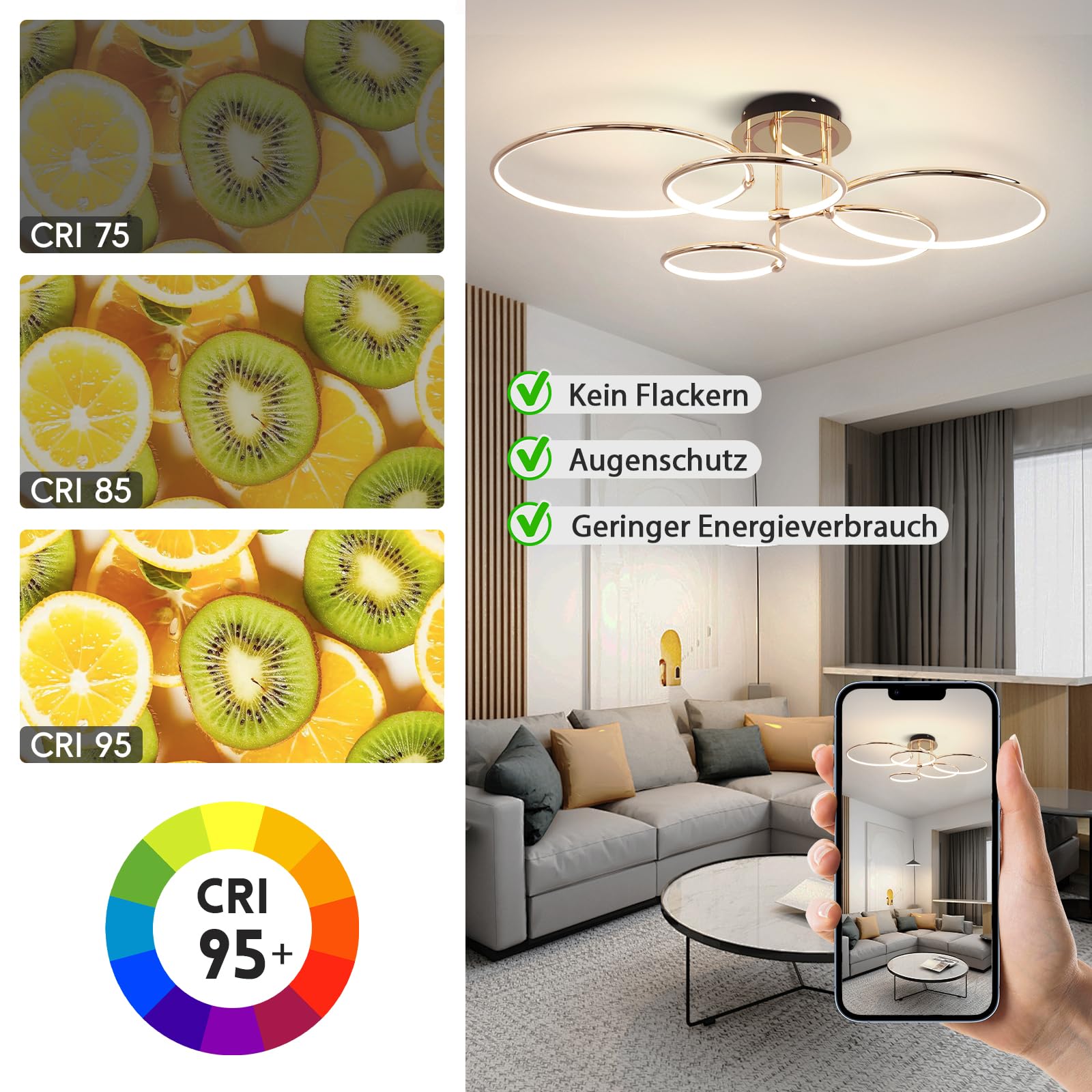LED Deckenleuchte Modern Design Deckenlampen Gold 5-Ring Lampen Dimmbar Wohnzimmerlampe mit Fernbedienung, Aluminium Led Beleuchtung für Wohnzimmer Schlafzimmer Küche Esszimmer Büro 93cm, 108W…