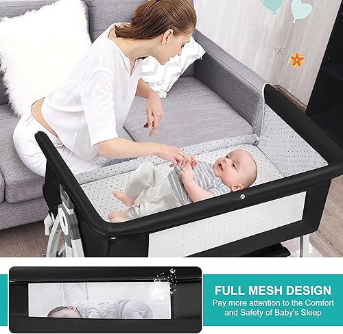 Miniatura 2 de VOOI Moisés para bebé, cuna mecedora 3 en 1 para bebé, moisés con ruedas, altura ajustable, cesta de almacenamiento, colchón y toldo, moisés lateral