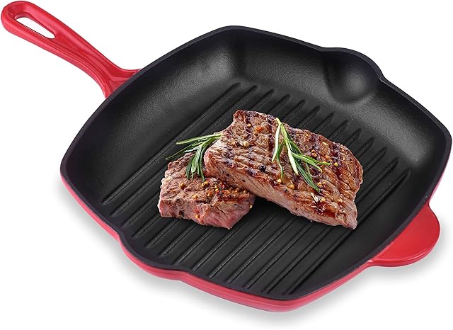 Velaze Grill Pan Induction 29cm, Cast Iron Griddle Pan Square Pre-Seasoned Skillets for Meat, Fish and Vegetables, Heat Sources - Red