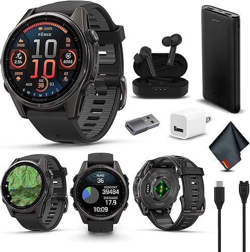 Miniatura 14 de Garmin Fenix 8 AMOLED Premium Multisport GPS Smartwatch gris pizarra con banda de silicona negra, linterna LED incorporada, paquete de reloj negro,