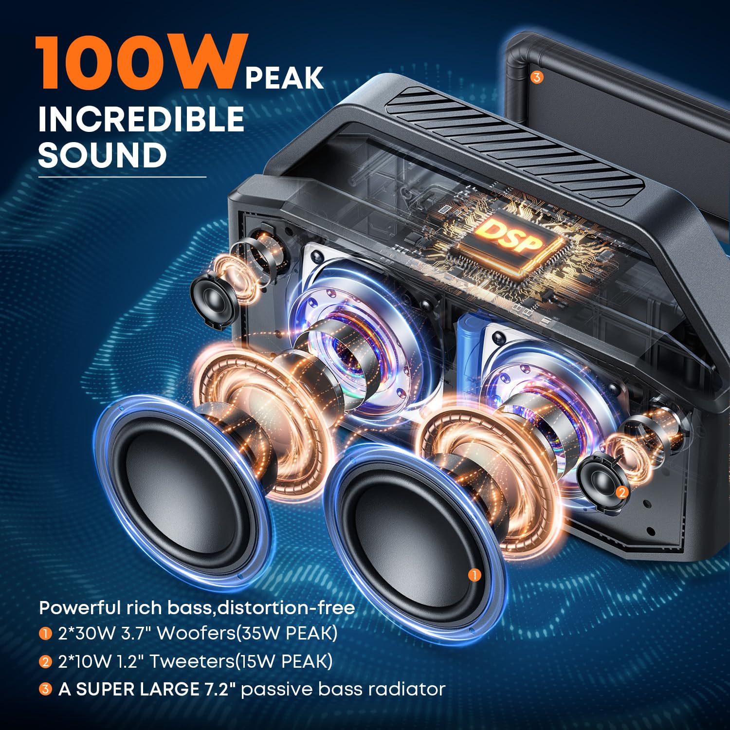 W-KING Subwoofer'lı Taşınabilir Yüksek Bluetooth Hoparlörler, 60W Dış Mekan Hoparlörleri Bluetooth Kablosuz Su Geçirmez Hoparlör, Derin Bas/40H/TF/AUX