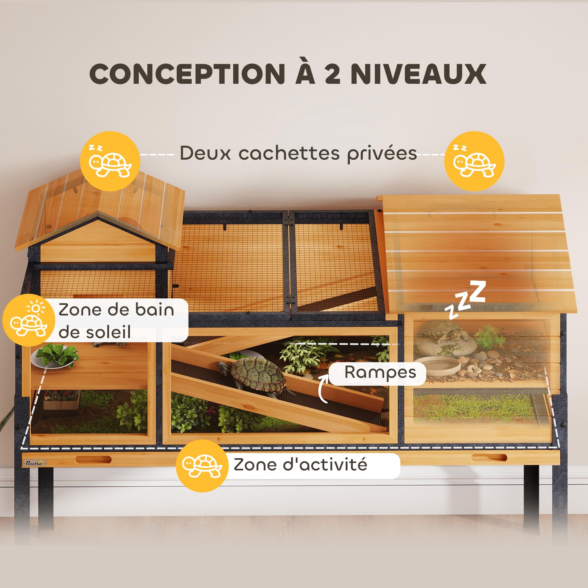 PawHut Maison pour Tortues, Habitat en Bois à 2 étages avec 2 Chambres, enclos intérieur extérieur avec rampes, Toit ouvrable et Plateau, Grande Cage pour Reptiles, 128x63x96cm, Jaune