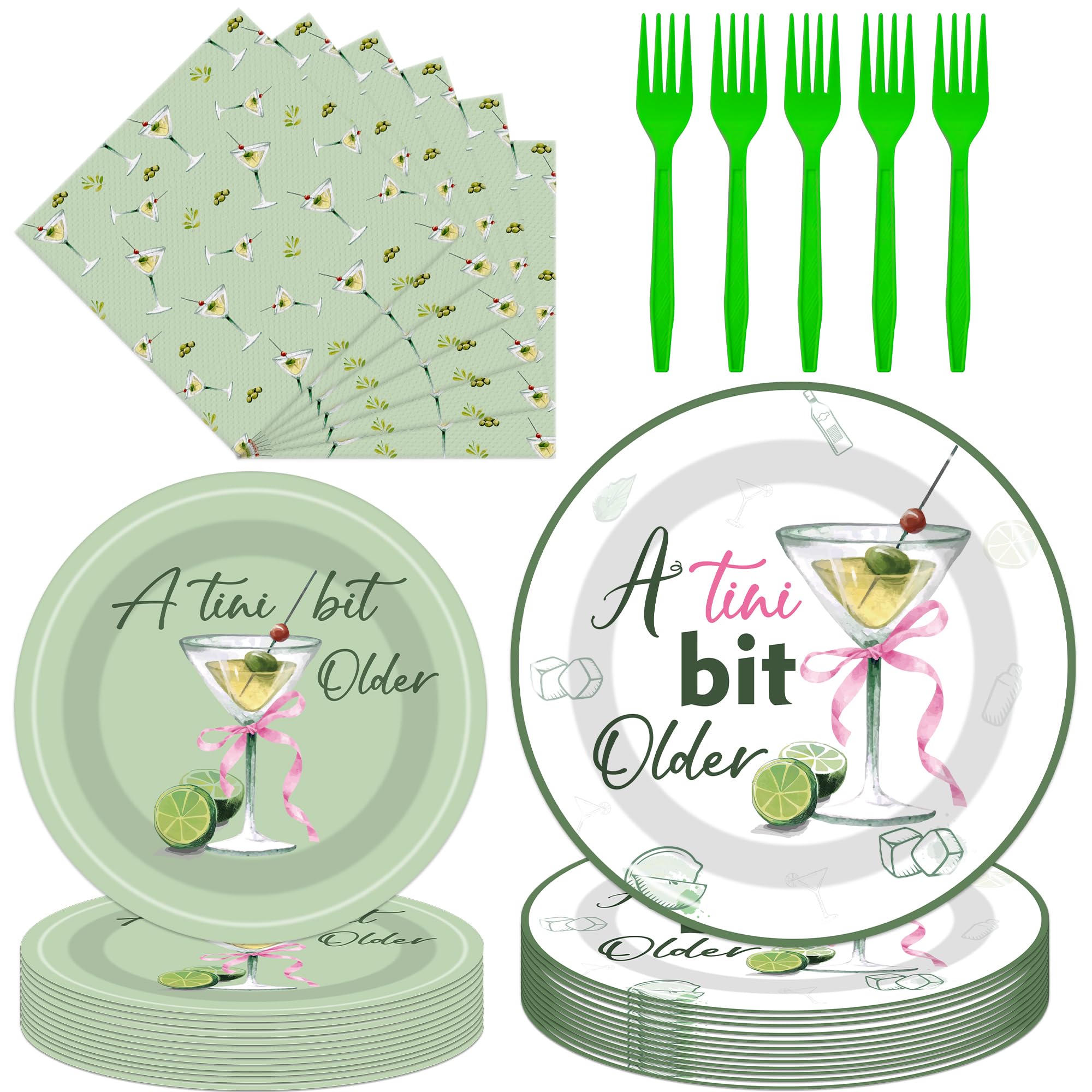 iPartyGo A Tiny Bit Older - 96 PCs Tini Martini Birthday Decor Plates and Napkins Supplies Espresso Margs Margarita Party Decorations Green Disposable Tableware Dinner Dessert Favors Serve 24 Guests