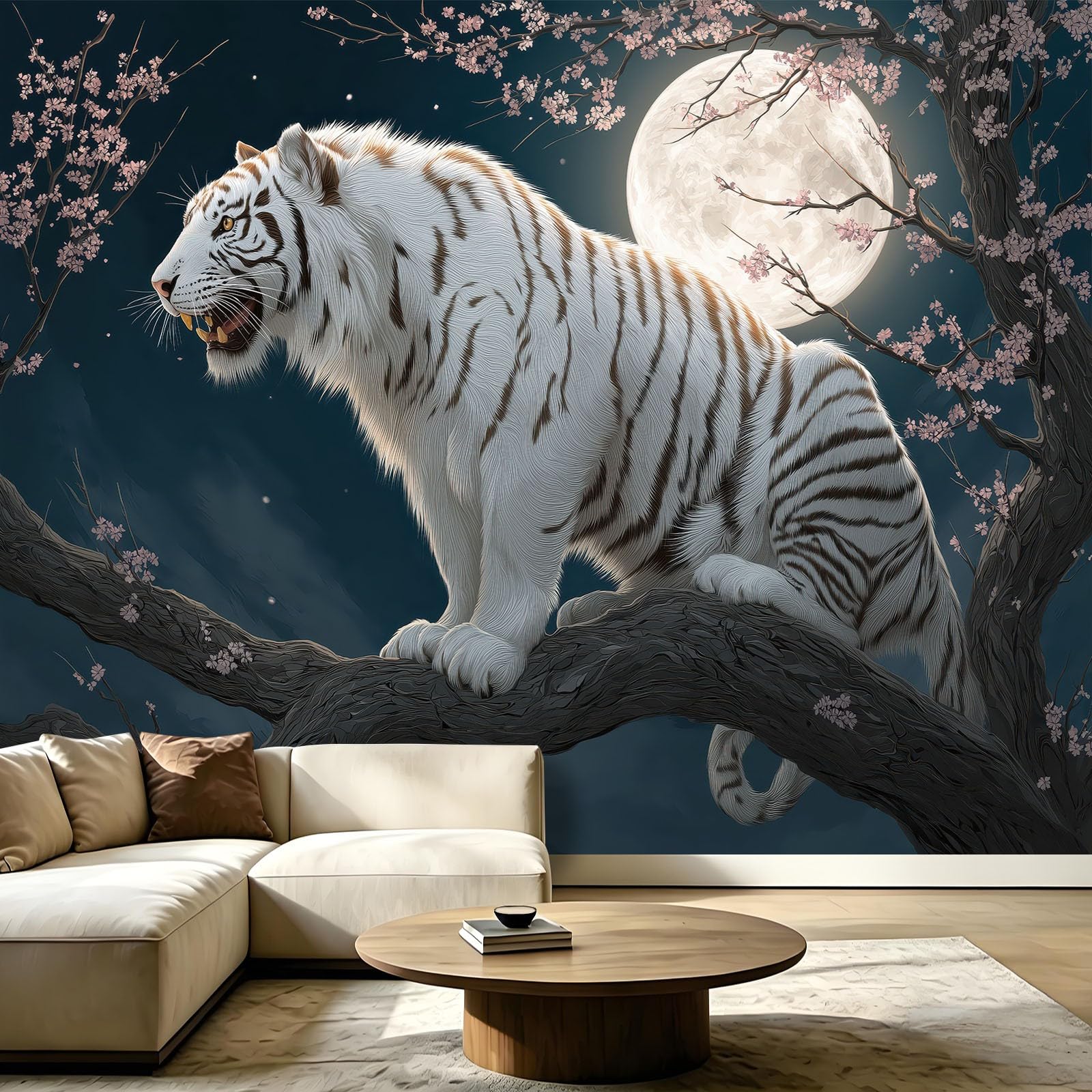 Carta da parati panoramica in tessuto non tessuto, fantasia animali, 350 x 256 cm, decorazione per soggiorno e camera da letto, effetto 3D, luna piena, fiori rami cielo notturno