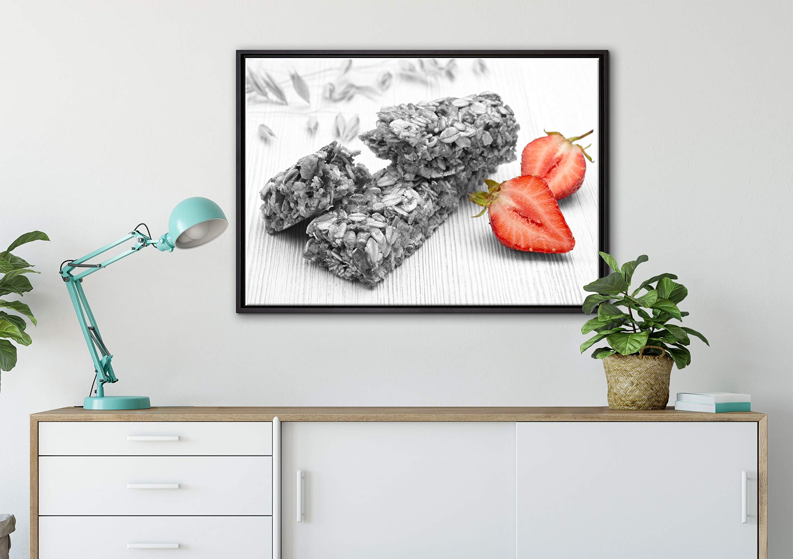 Pixxprint Müsliriegel mit Erdbeere Leinwandbild 100x70 cm im Bilderahmen, Wandbild, Schattenfugenrahmen, Kein Poster