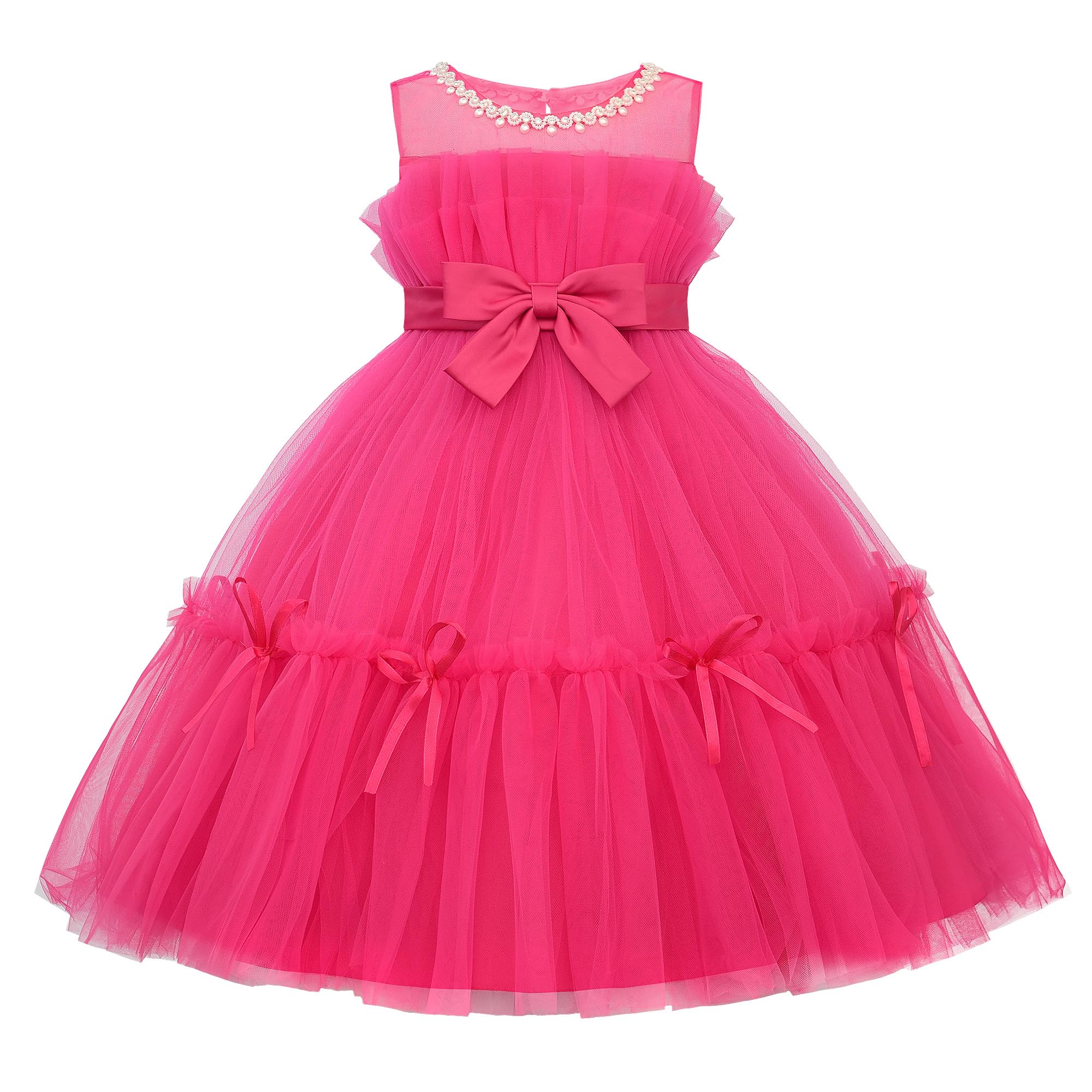Uhnice Blumenmädchenkleid mit Schleife, ärmellos, Tüllkleid mit Perlen für Hochzeit, Geburtstag, Party