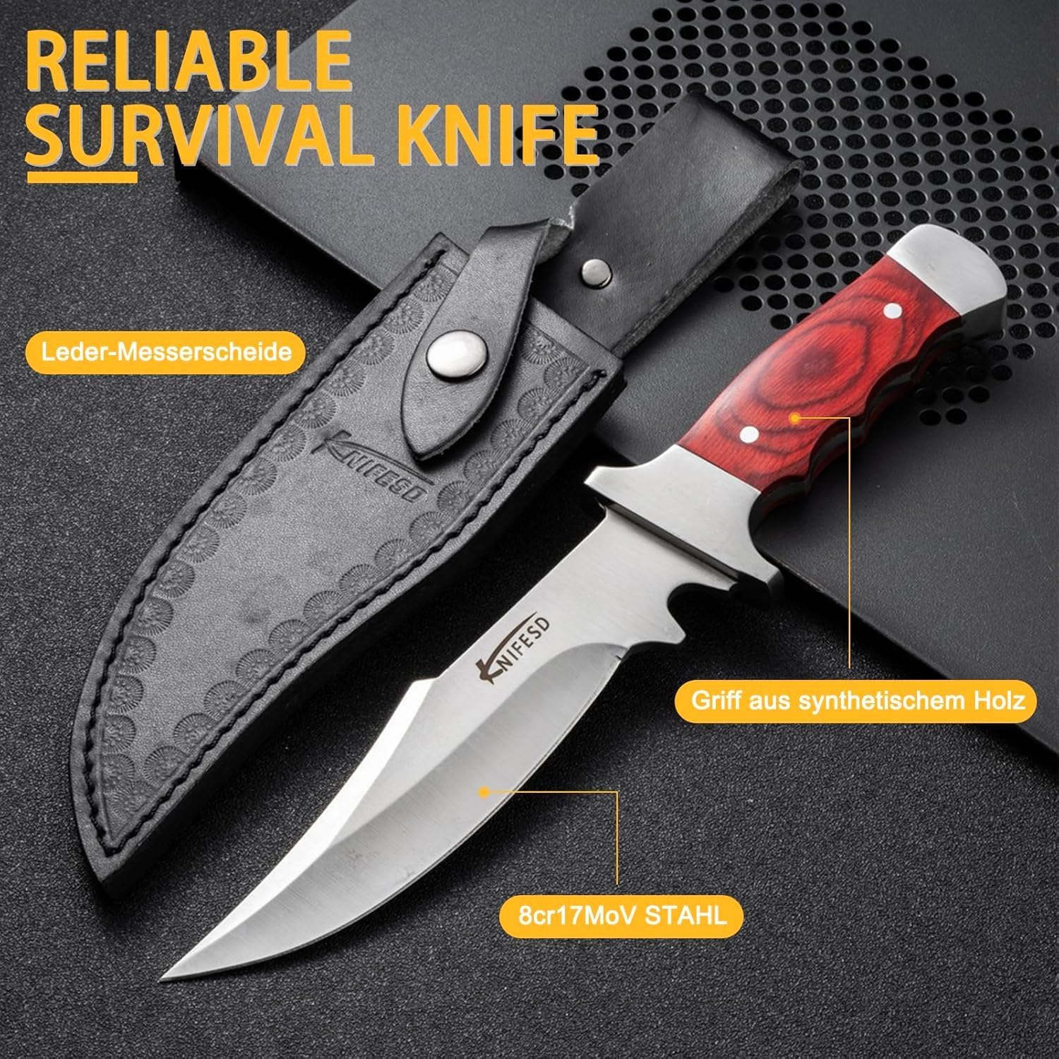 Omesio UMF Fixed Blade Knives with Sheath large Hunting Knife Full Tang Bushcraft Knives Skinning Knife Deer Hunting Knives, Big Camping Outdoor (b-red)