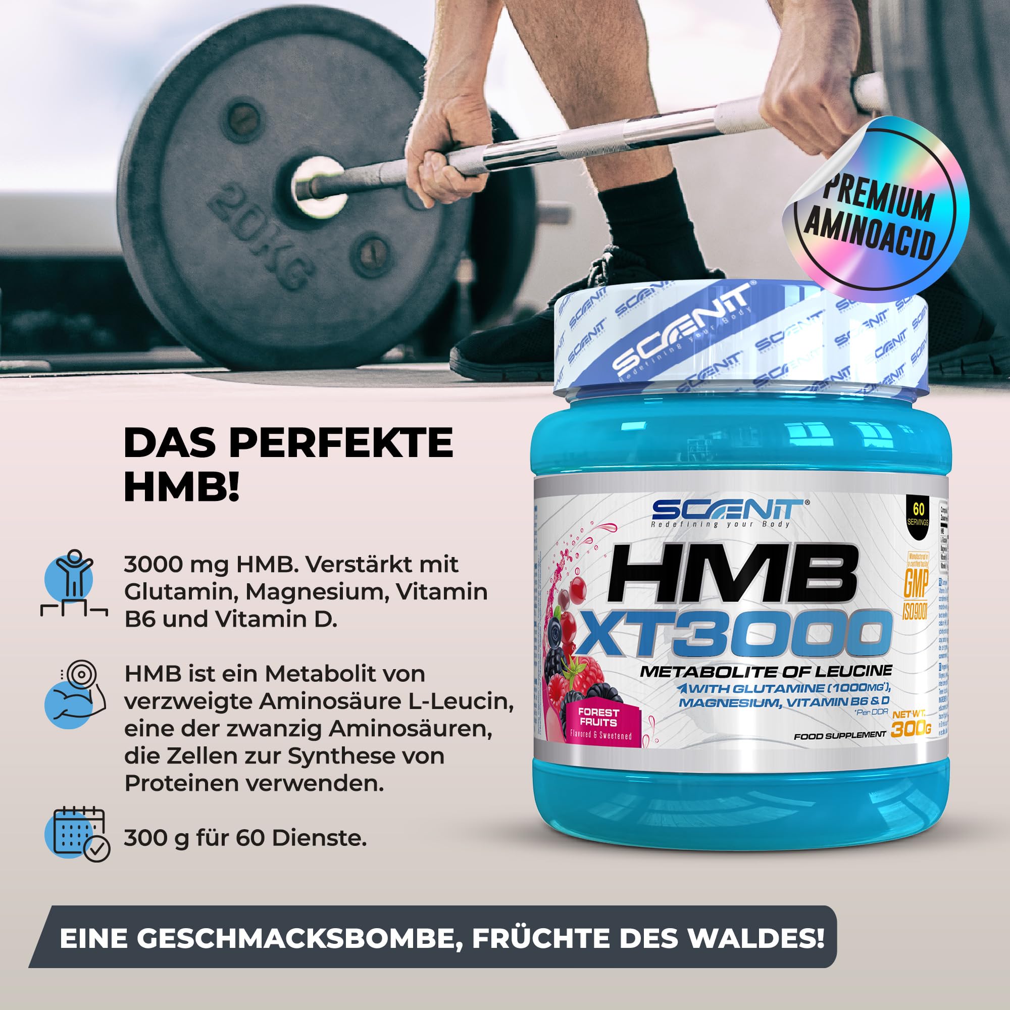 HMB XT 3000 - HMB Supplement - HMB Pulver - 3000 mg HMB Pulver mit Geschmack - mit Glutamin, Magnesium, Vitamin B6 und Vitamin D - Waldfrüchte Geschmack