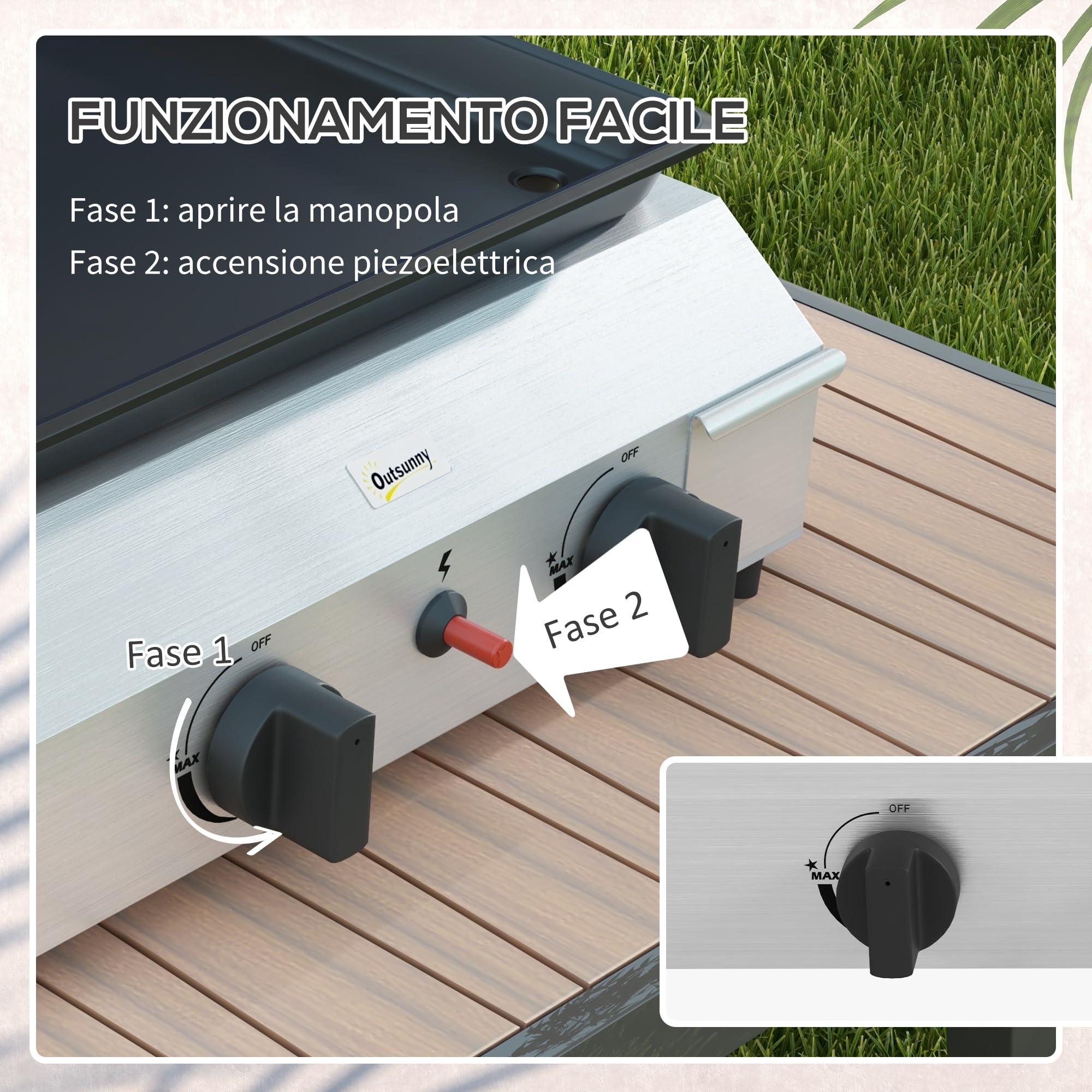 Outsunny Barbecue a Gas in Acciaio, Piastra a Gas Smaltato a 2 Bruciatori da 2.4kW, Griglia Barbecue Portatile con Piedini Regolabili e Vassoio Raccogli Grasso, Regolatore, Tubo, Argento