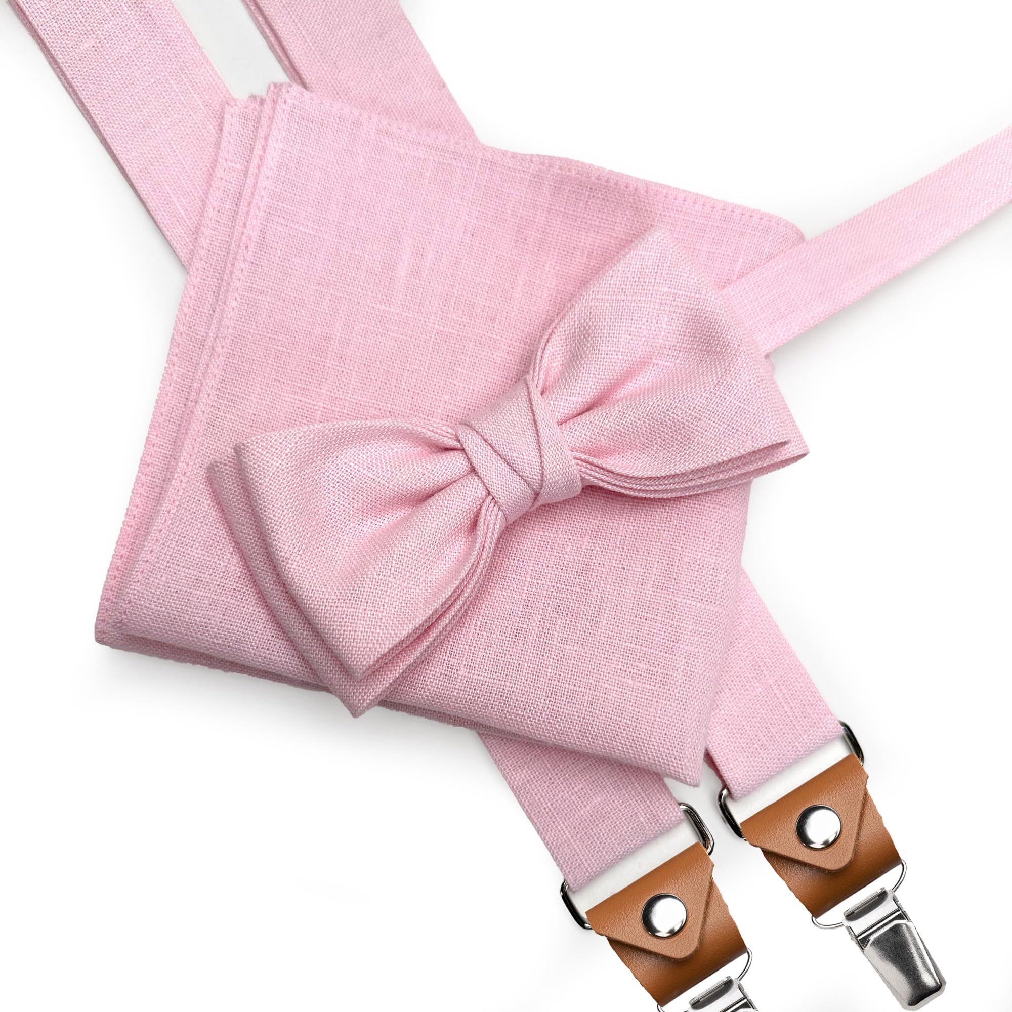 Leinen Fliege, Hosenträger, Einstecktuch für Herren, Voll Einstellbar, Viele Farben (Nr.7 Rosa, e) Fliege, Einstecktuch und Hosenträger)