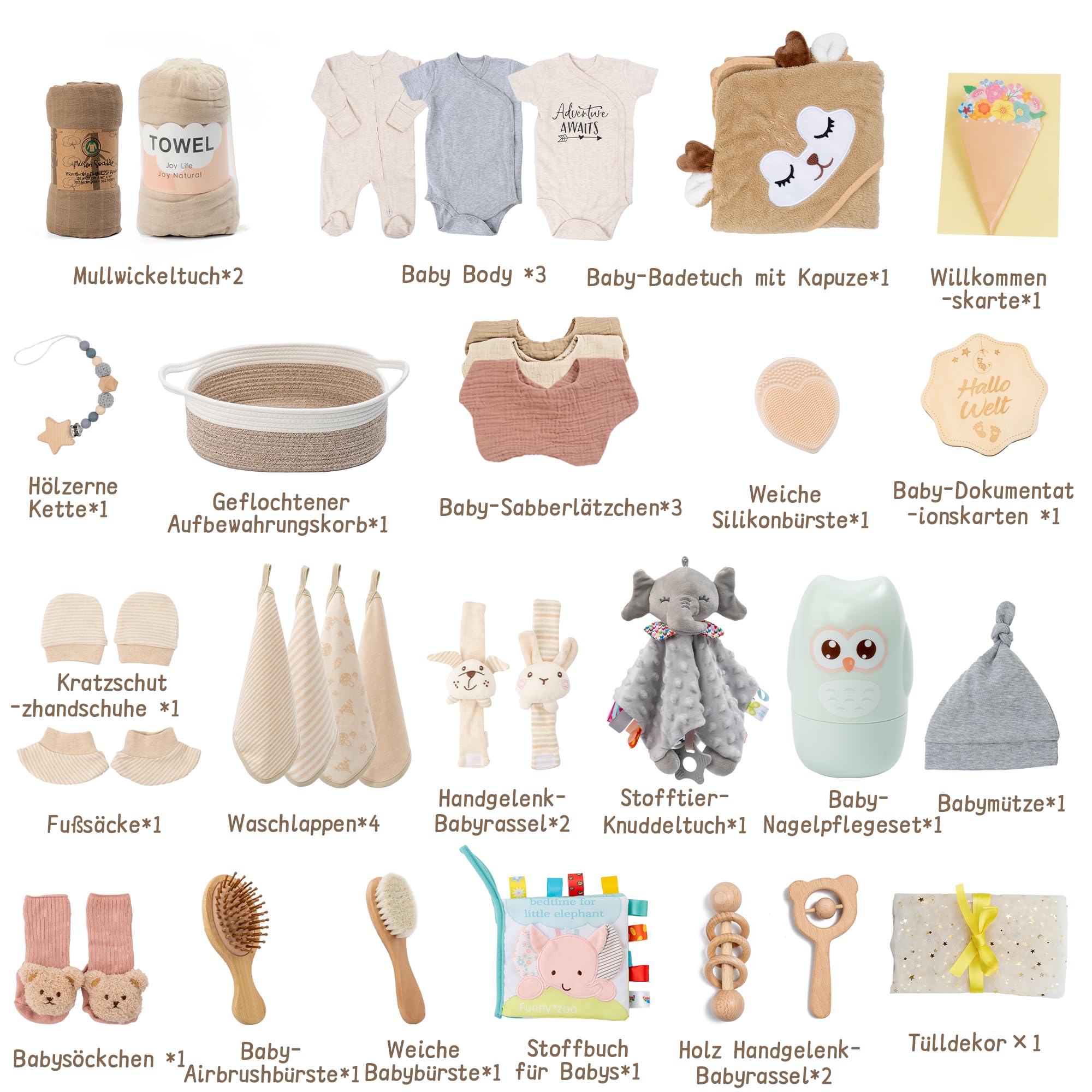Baby Geschenk 30-teilig ideal als Neugeborenen Geschenk für Jungen & Mädel. Enthält: Kapuzenbadetuch, Baby Set, schmusetuch，Kuscheltier, Rassel, Kamm und Grußkarte (Khaki)