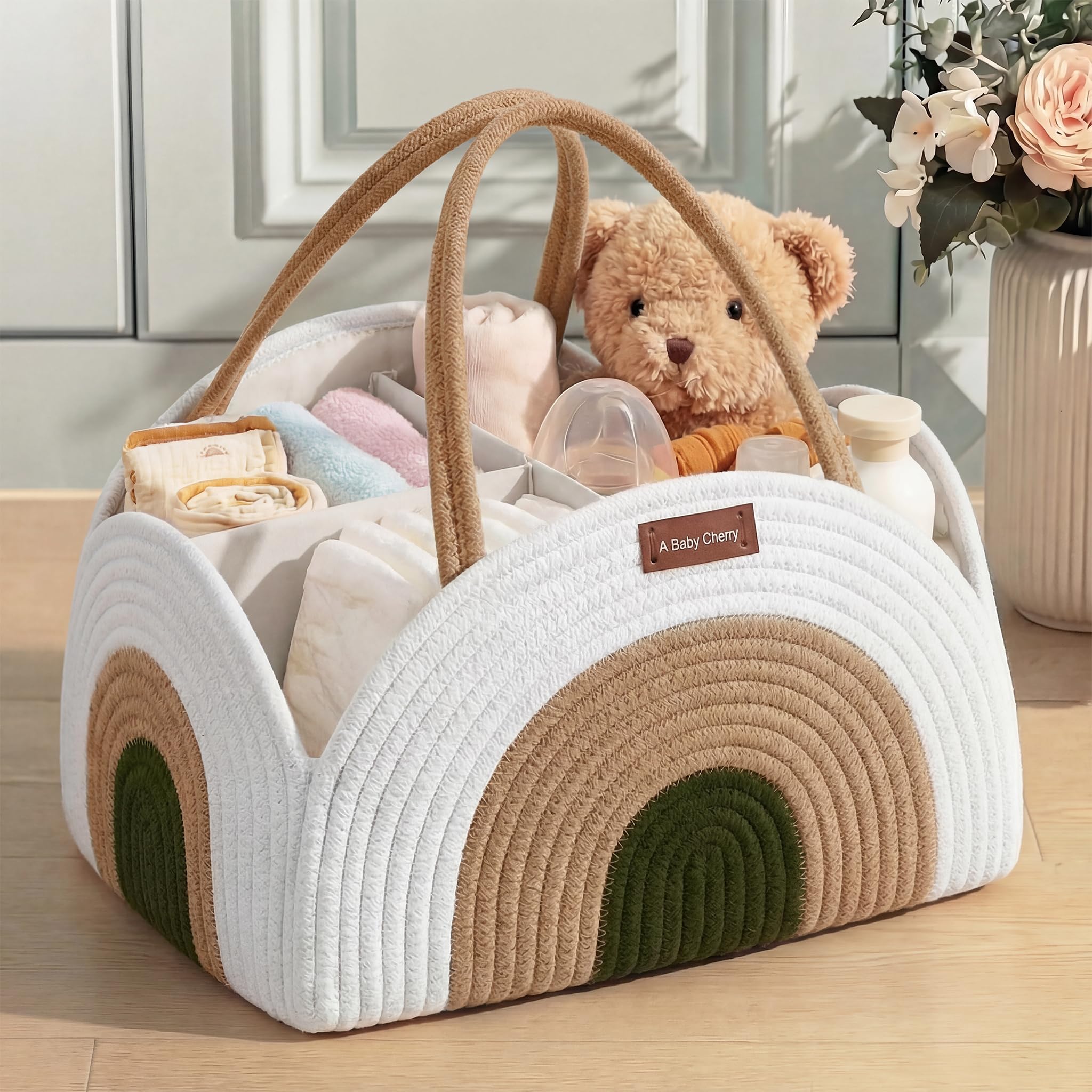 a baby cherry Cotton-Diaper Caddy | Diaper Bag for Baby | Diaper Caddy Organizer Large Capacity(36 * 25 * 21.5Cm) |Nursery Storage Bin and Car Organizer for Diapers and Baby Wipes
