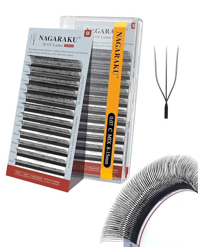 Extensões de Cílios NAGARAKU 3D UU Pré-montadas, Curvatura C, 0,07, 8–15 mm, Preto Fosco
