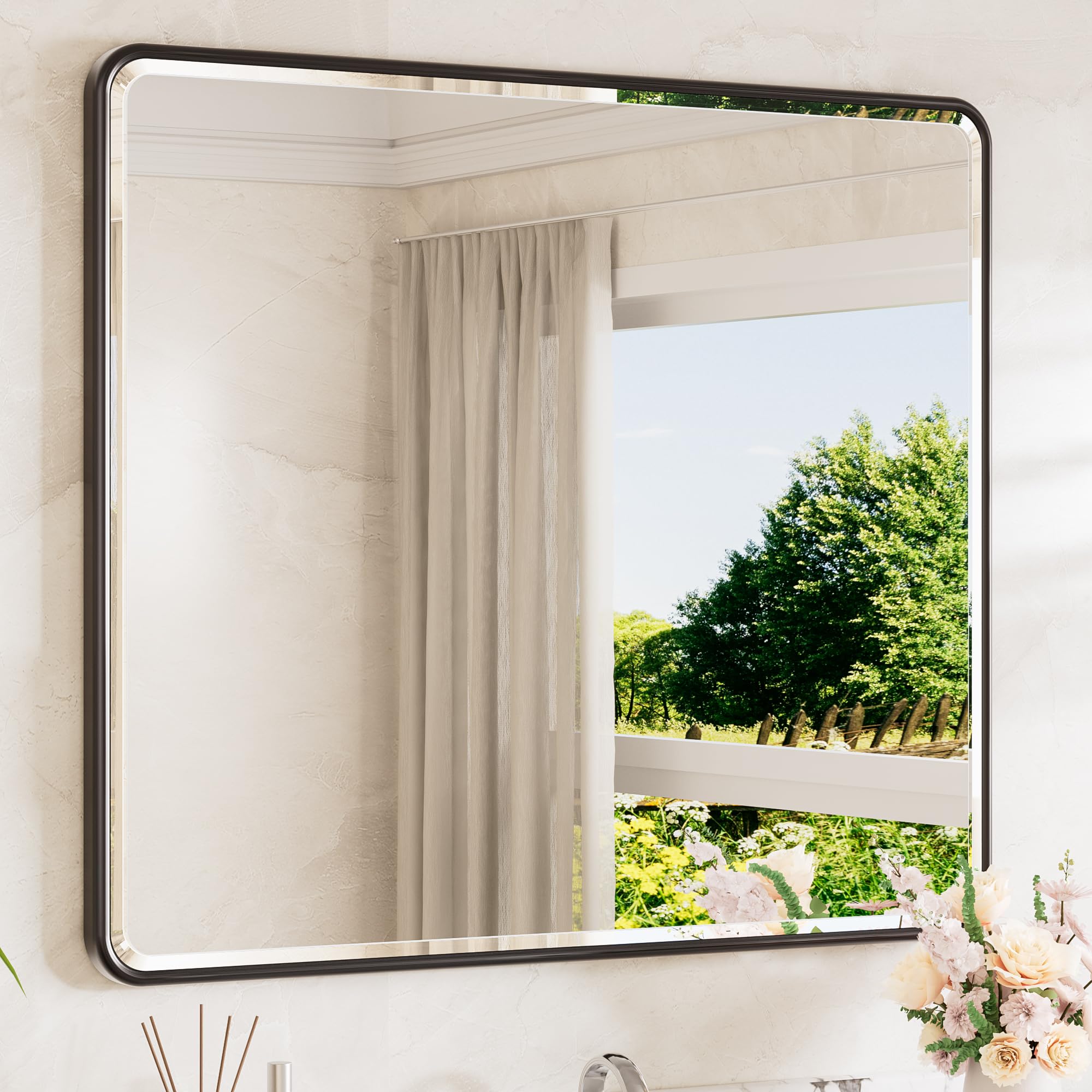 Photo 1 of TETOTE Black Mirrors for Over Sink 42 x 36 Beveled Edge Tempered Glass, Rounded Corner Rectangle Framed Mirror for Modern Bathroom, Living Room, Bedroom, Entryway