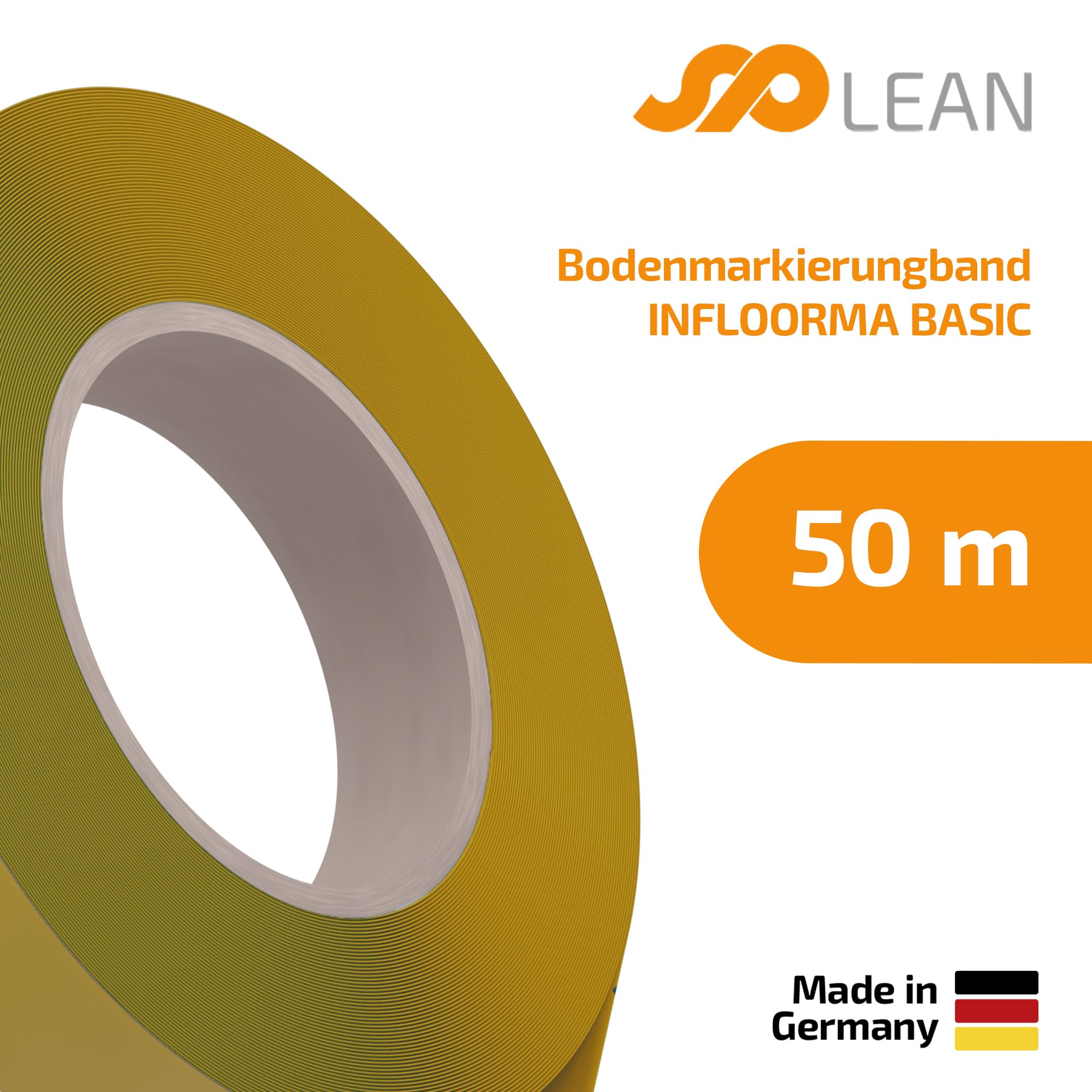 spLEAN INFLOORMA BASIC Bodenmarkierungsband 50 m, Breite 50 mm, gelb, Markierungsband selbstklebend, für Innenbereich, geeignet für Hubwagen
