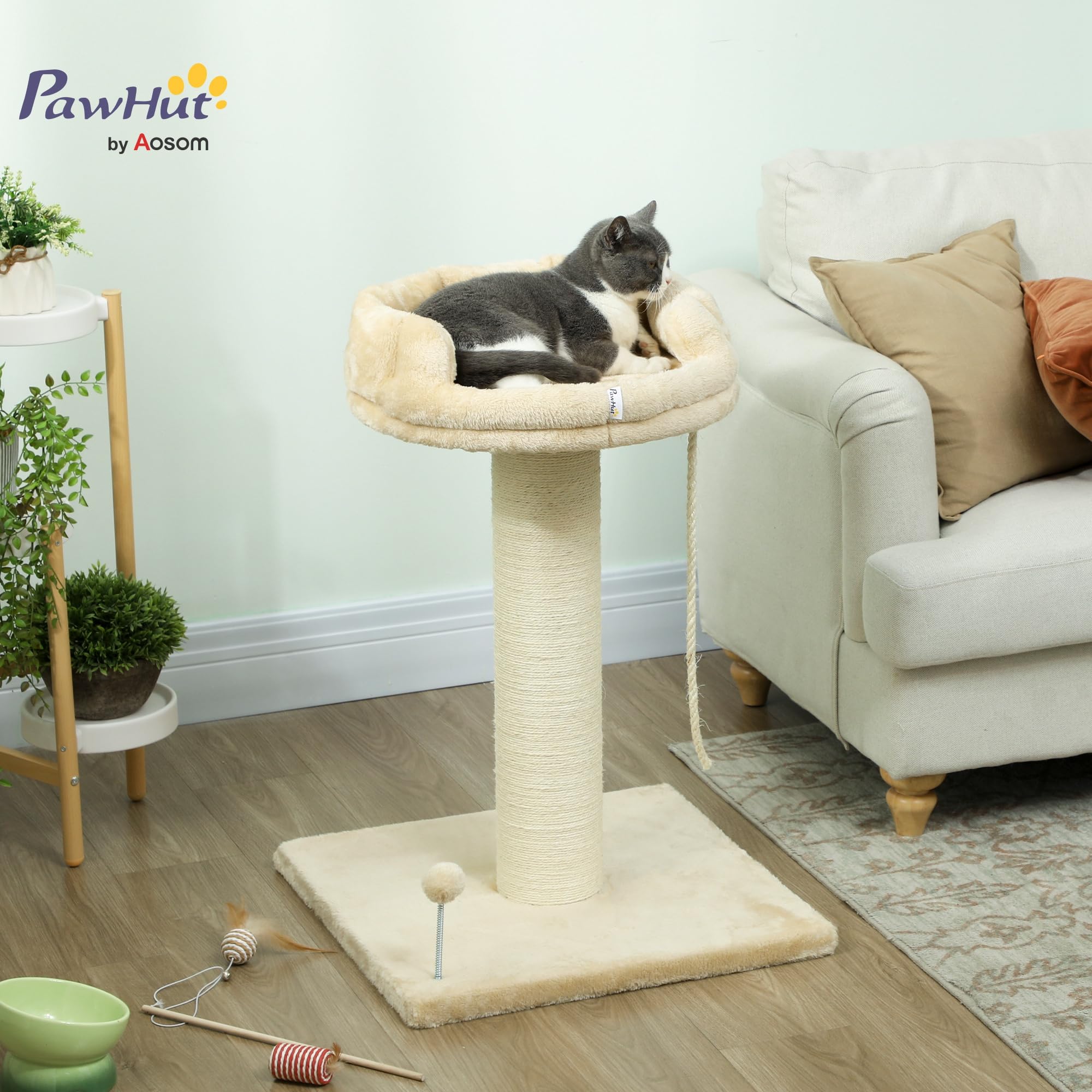 PawHut Árbol Rascador para Gatos Mini de 2 Niveles 55x55x83 cm Beige | Mini Árbol para Gatos, Plataforma, Bola con Muelle, Cuerda Colgante, Poste de Sisal