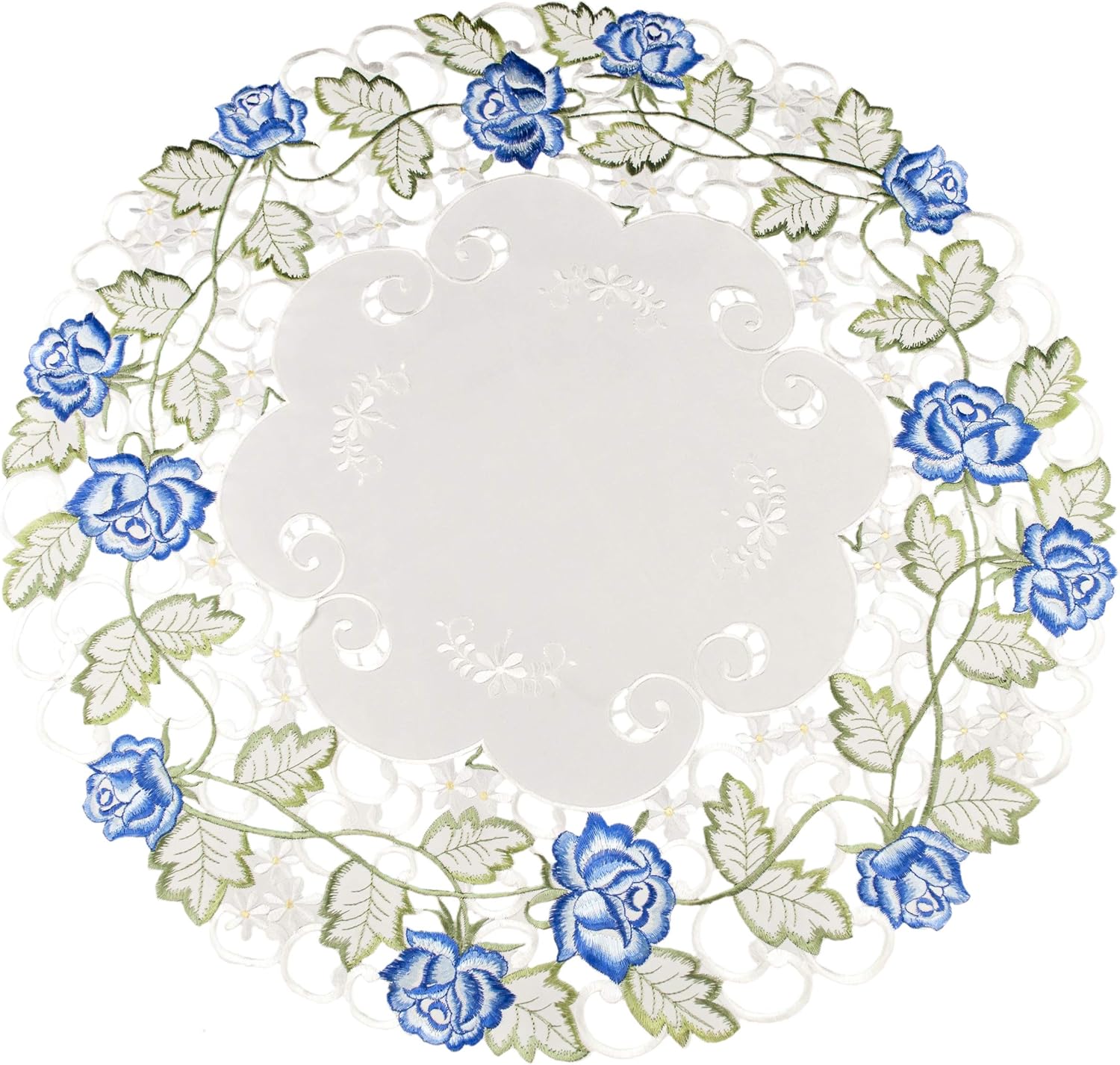 LINENS ART AND THINGS Embroidered Doily Victorian Blue Rose with Green Cut Work on Ivory Table Topper Placemat (22 Inch Round)