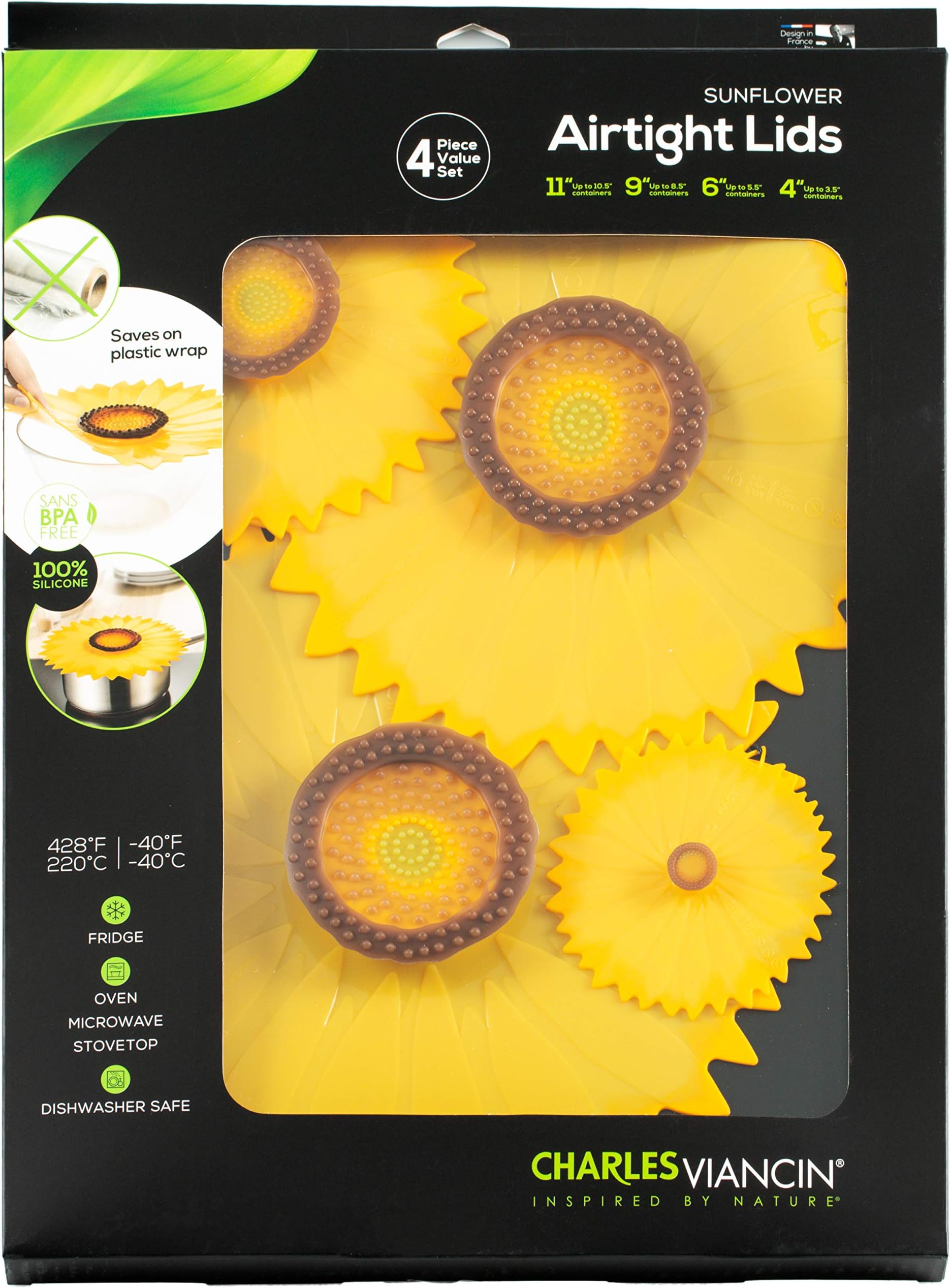 Sunflower Lid Gift-Box - Set of 4 Silicone Lids for Food Storage and Cooking - 11''/28cm + 9''/23cm + 6''/15cm + 4''/10cm - Airtight Seal on Any Smooth Rim Surface