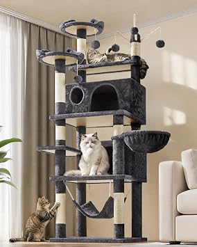 Yaheetech 170 cm Cat Tree for Large Cats with 2 Condos, Dark Grey | Cat Tower for Indoor Cats, Multi-Level Cat Scratching Posts, 7 Scratching Posts, Hammock, Basket, 55.5x45.5cm Base