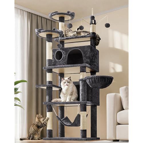 Yaheetech Cat Tree, 67in Large Tower w/ 3 Removable Teaser Sticks, 2 Kitten-Ear Shaped Perches, 2 Condos, Hammock, Scratching Post, Multi Level Pet House, Dark Gray