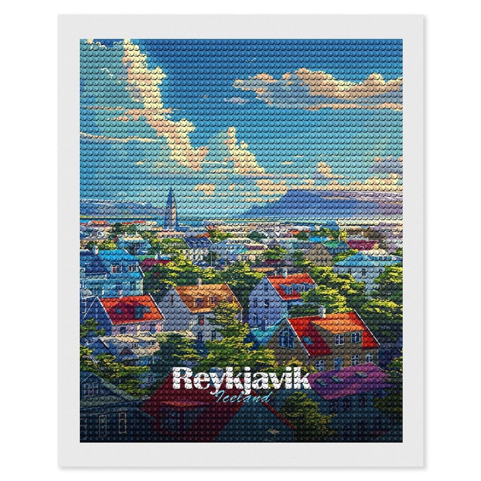 Junmoney Reykjavik Cityscape Diamond Painting Canvas Kit 16"x20", Adhesive Canvas, Christmas Gift, Full Kit Included, Thoughtful Present