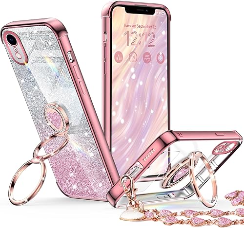 XYZ Funda para iPhone XR con soporte, funda para teléfono con soporte de doble anillo, para mujeres y niñas, funda transparente con purpurina de