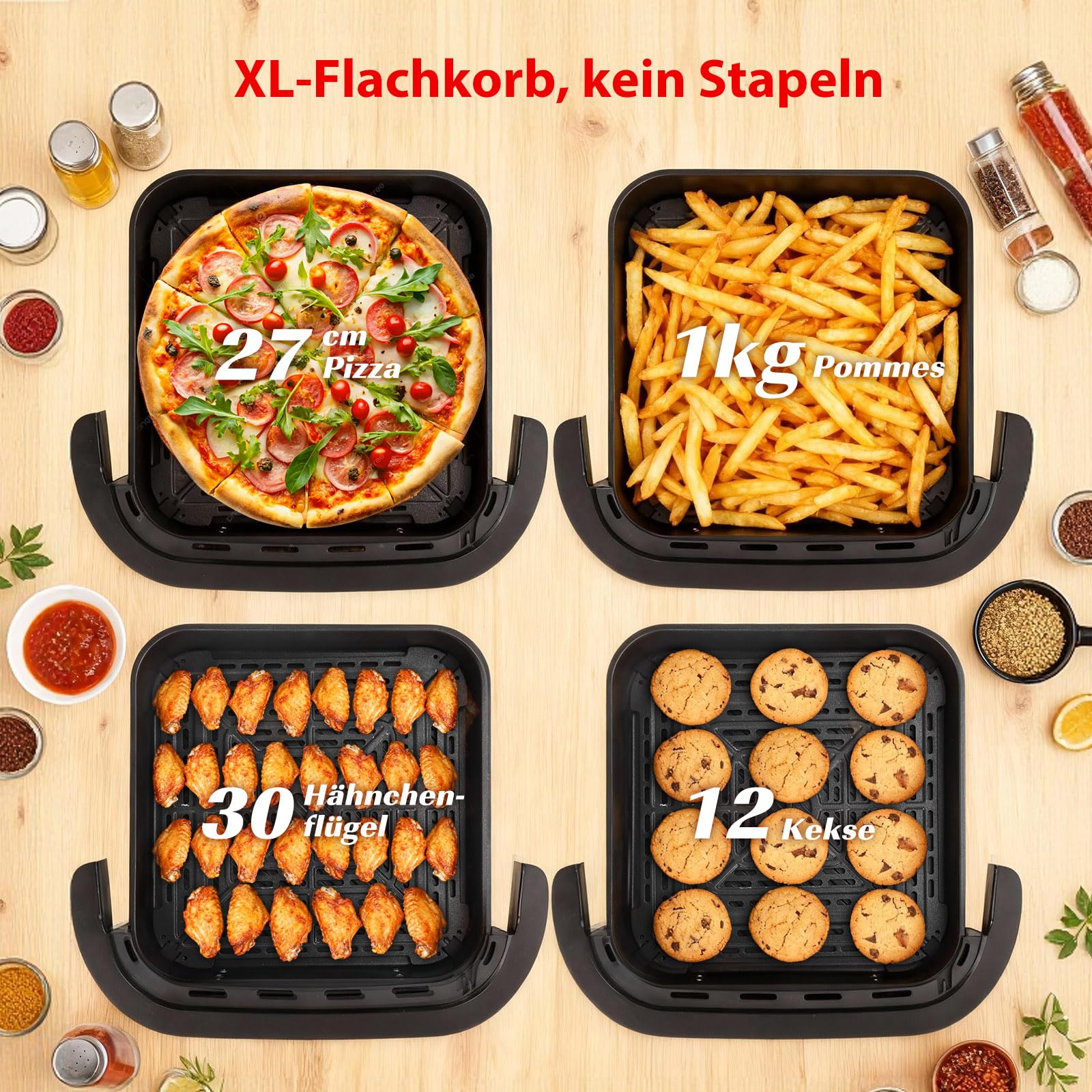 Aigostar Heißluftfritteuse mit XL 745 cm² Garfläche (27.3 * 27.3cm), leiser Extra-Crisp Technologie, Pizzafunktion, Doppelheizung, Sichtfenster, 11 Programmen, Touchscreen, Metall-Innenraum, Schwarz