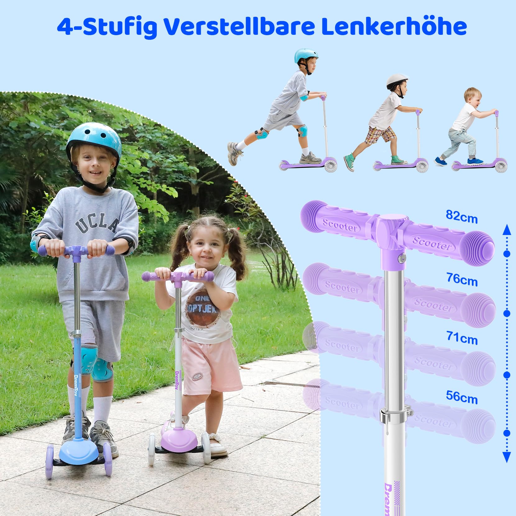 BremToy Roller Kinder 3 Jahre, Kinder Roller mit Leuchtendem Deck und PU-Beleuchtete-Rädern, 4-Stufig Höhenverstellbarer, Reaktionsschnelles Bremsen, leicht, Kinderroller für von 3–8 Jahren