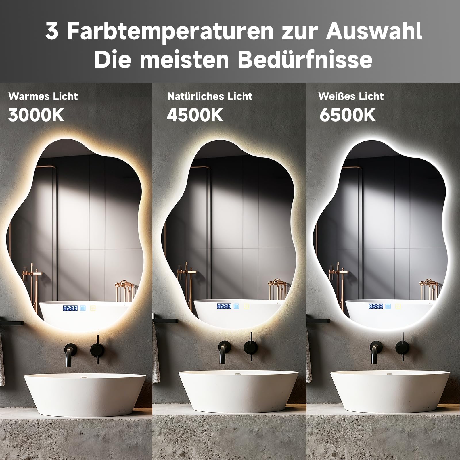 Wandspiegel mit Beleuchtung, 70x50cm LED Badezimmerspiegel, Cloud-Design mit 3-Farben Licht & Zeitdisplay, Anti-Beschlag, Dimmbares Smart Lighting für Wandmontage im Bad