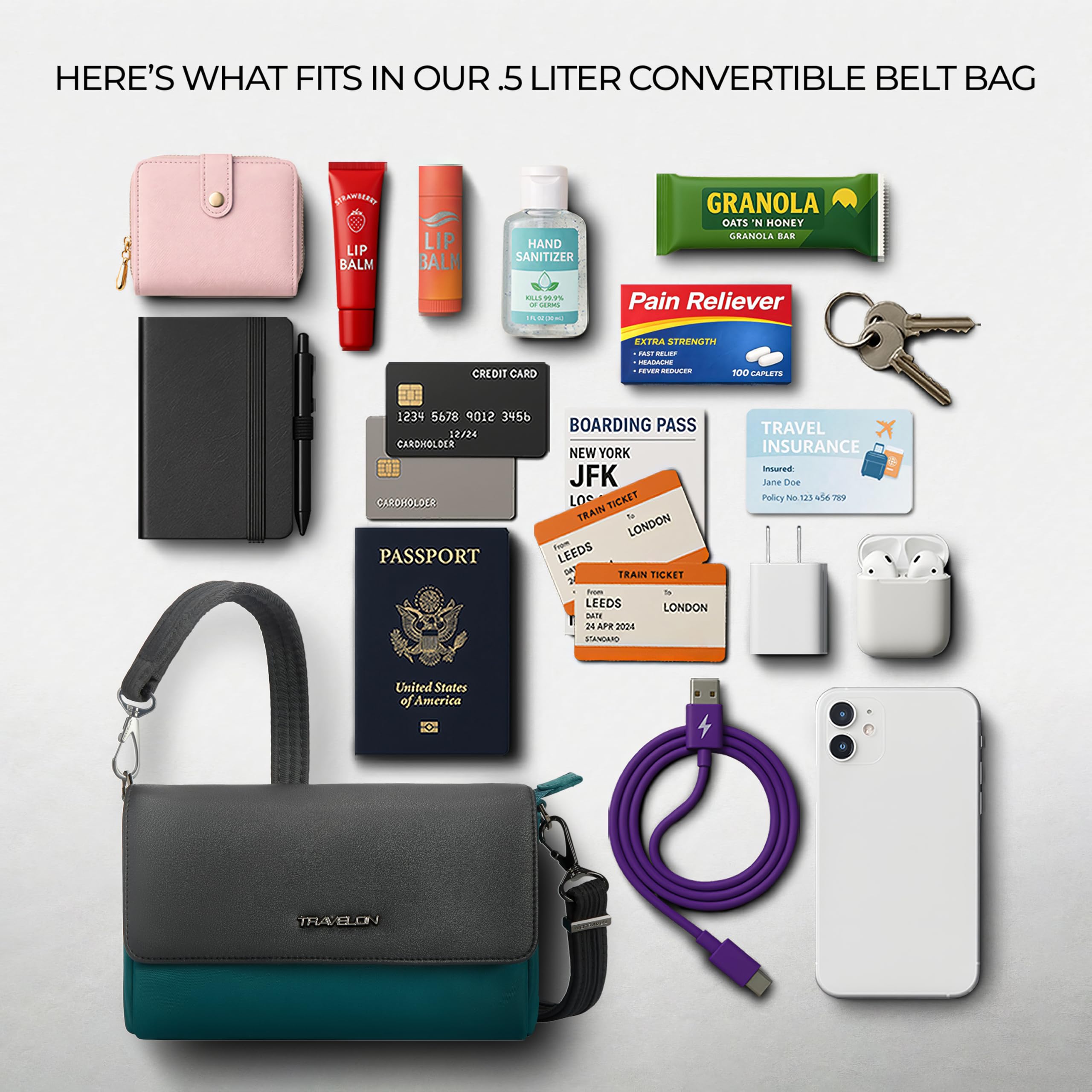 Travelon Addison Marsupio Antifurto Convertibile, Evergreen, Evergreen