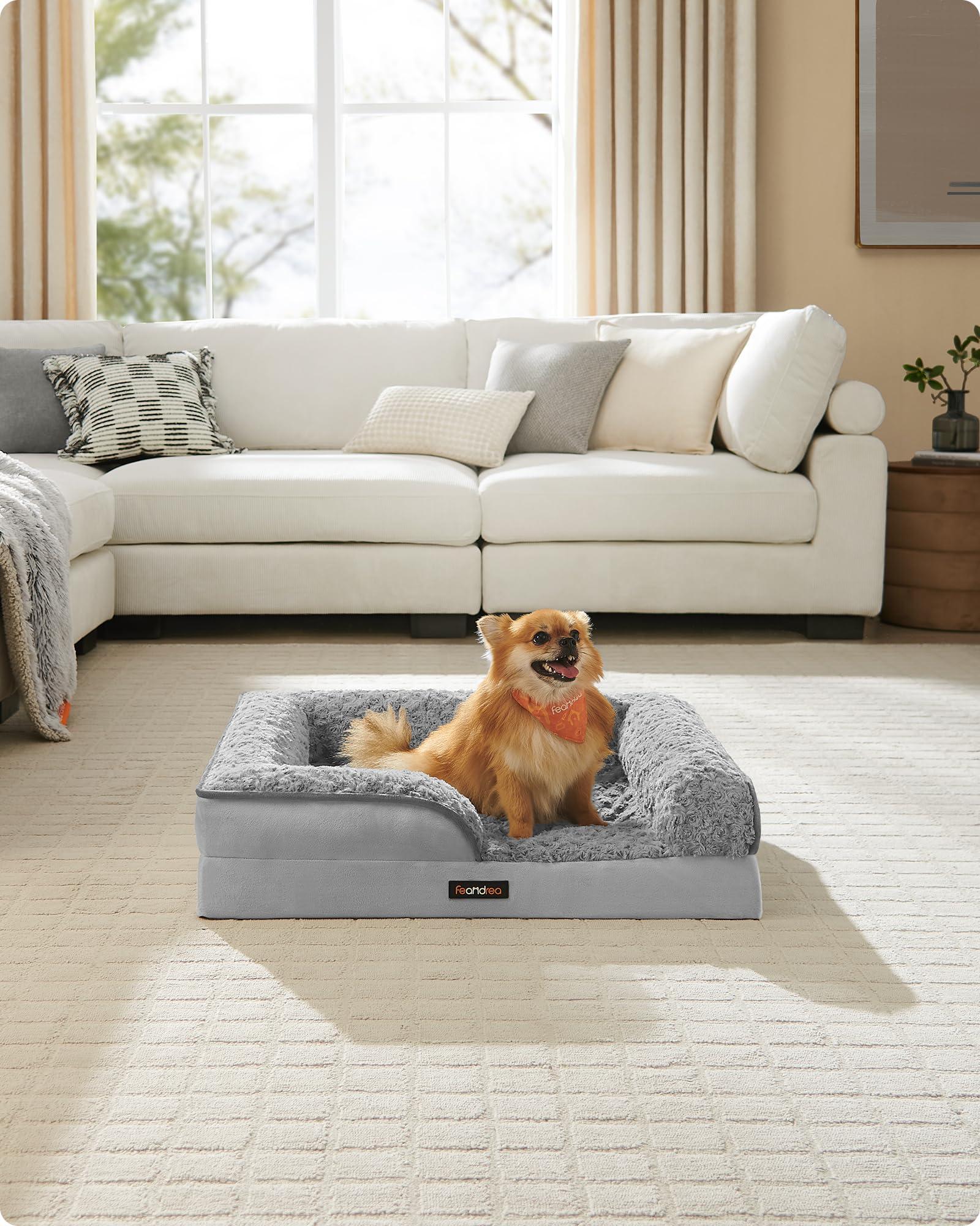 Feandrea Cuccia Cane Interno, Cuccia per Cani, Lettino per Animali, Ortopedico con Gommapiuma Ondulata, Bordi Rialzati, Copertura di Peluche Sfoderabile, 71 x 58 x 16 cm, Grigio Tortora PGW251G01