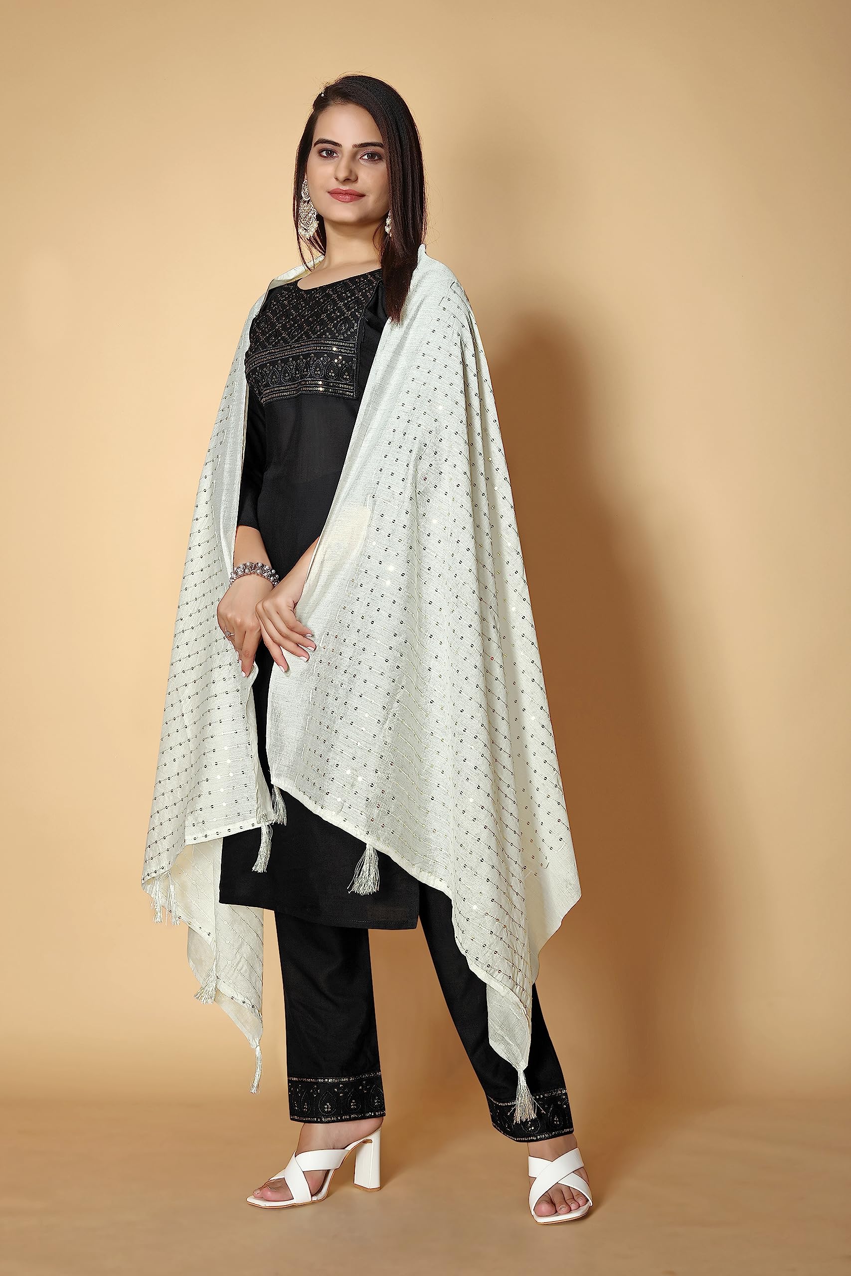 KEMZA Women's Embroidered Mirror Cotton Dupatta (White_Free size) with Rajasthani Aari Work - Image 3 thumbnail