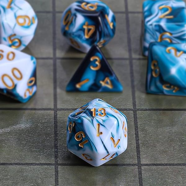 QMAY DND Lot de 7 dés polyédriques pour Donjons et Dragons MTG RPG D&D D20, D12, D10, D%, D8, D6, D4 (Cyan Mélangé au Blanc) - 4