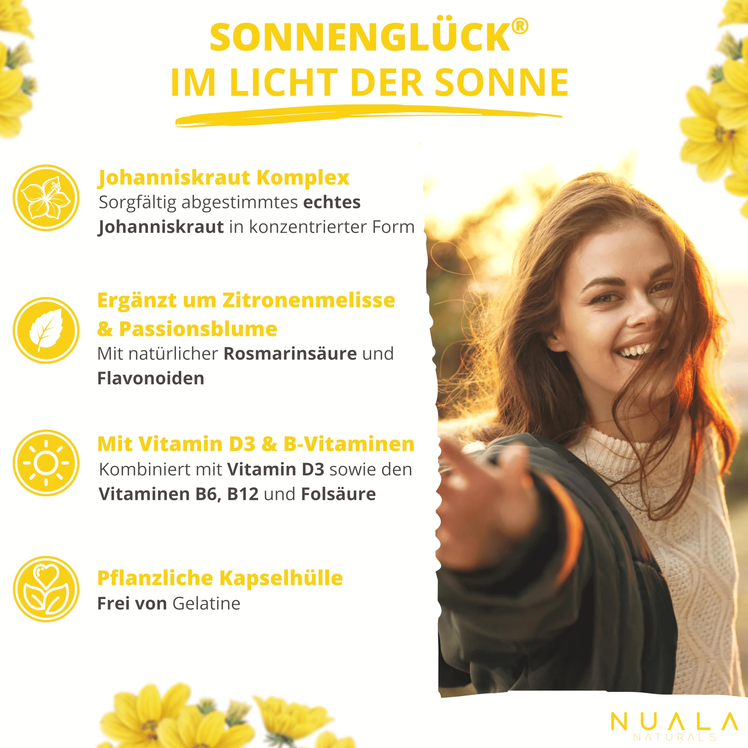 NEU! SONNENGLÜCK - Johanniskraut Kapseln hochdosiert mit Zitronenmelisse, Passionsblume und Vitamin D3, Vitamin B6, Vitamin B12 und Folsäure - 90 Kapseln