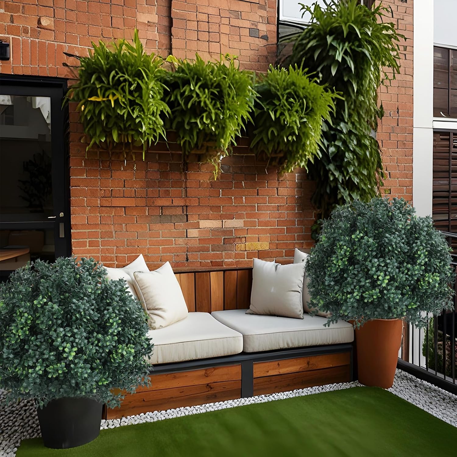 27" Artificial Boxwood Topiary Outdoor Plants with Spike Set of 2, Faux Boxwood Topiary Ball Bushes Outdoor Fake Shrubs UV Resistant for Front Porch Indoor Outdoor Green