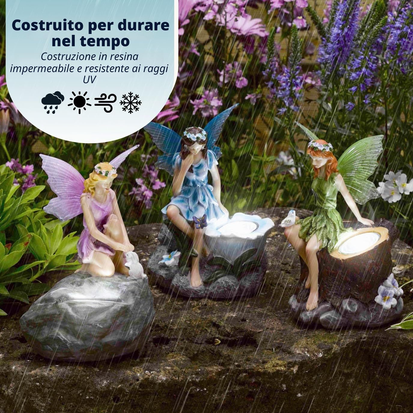 Garden Mile Set di 3 statue fatate da giardino a energia solare, con faretti a energia solare, impermeabili, a LED, per giardino, vialetto, prato, patio