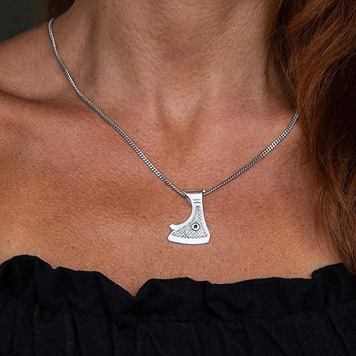 Miniatura 8 de Viking Axe Necklace 925 Sterling Silver - Thors Hammer Mjolnir Pendant Necklace - Celtic Pagan Norse Nordic Scandinavian Jewelry for Men - Handmade