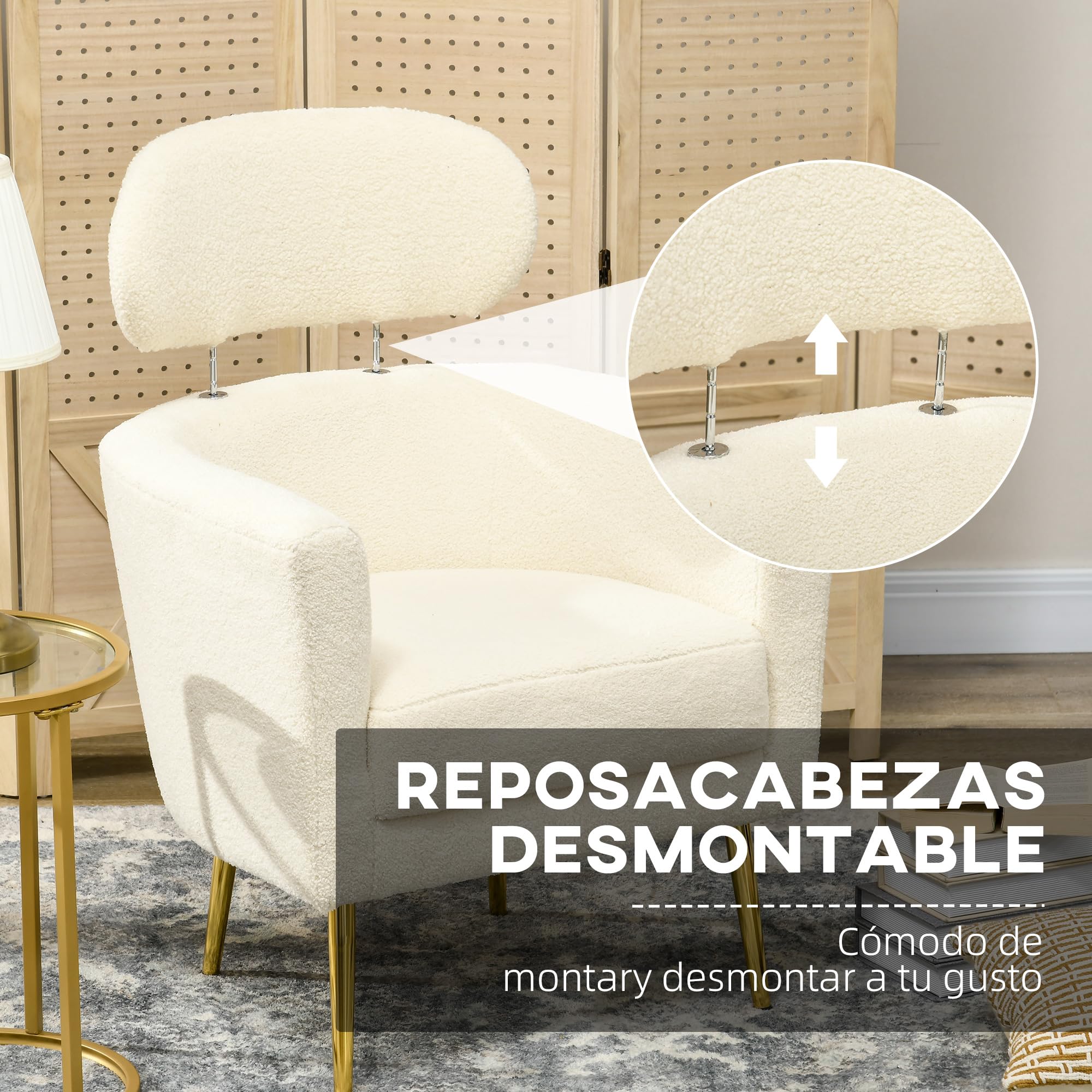 HOMCOM Butaca de Salón Sillón Individual Silla de Ocio Tapizado en Vellón con Reposacabezas y Patas de Metal para Dormitorio Oficina Habitación Carga 125 kg Crema