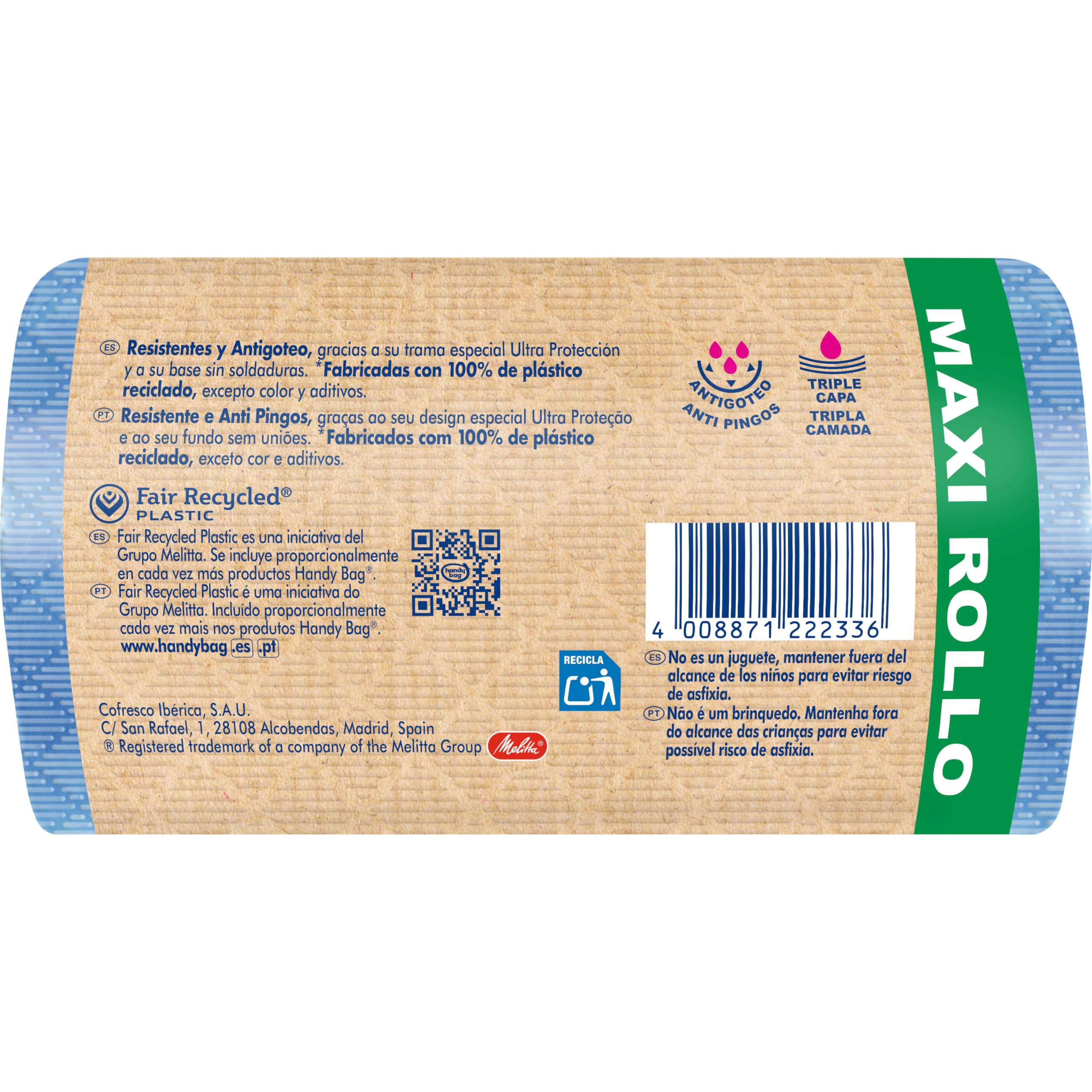 Handy Bag Bolsas de Basura Resistente Antigoteo, 100% Reciclado, Autocierre, Maxi Rollo 30L, 20 Bolsas, 1 Paquete