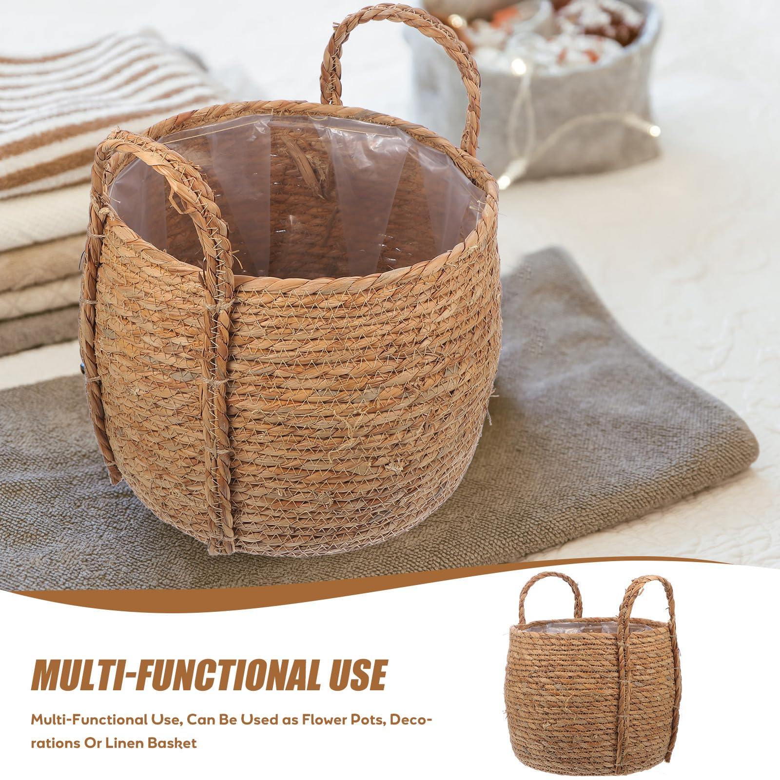 Panier à Plantes Tressé en Jonc de Mer Poignées, Utilisable comme Jardinière D’Intérieur et Panier de Rangement Petit Format