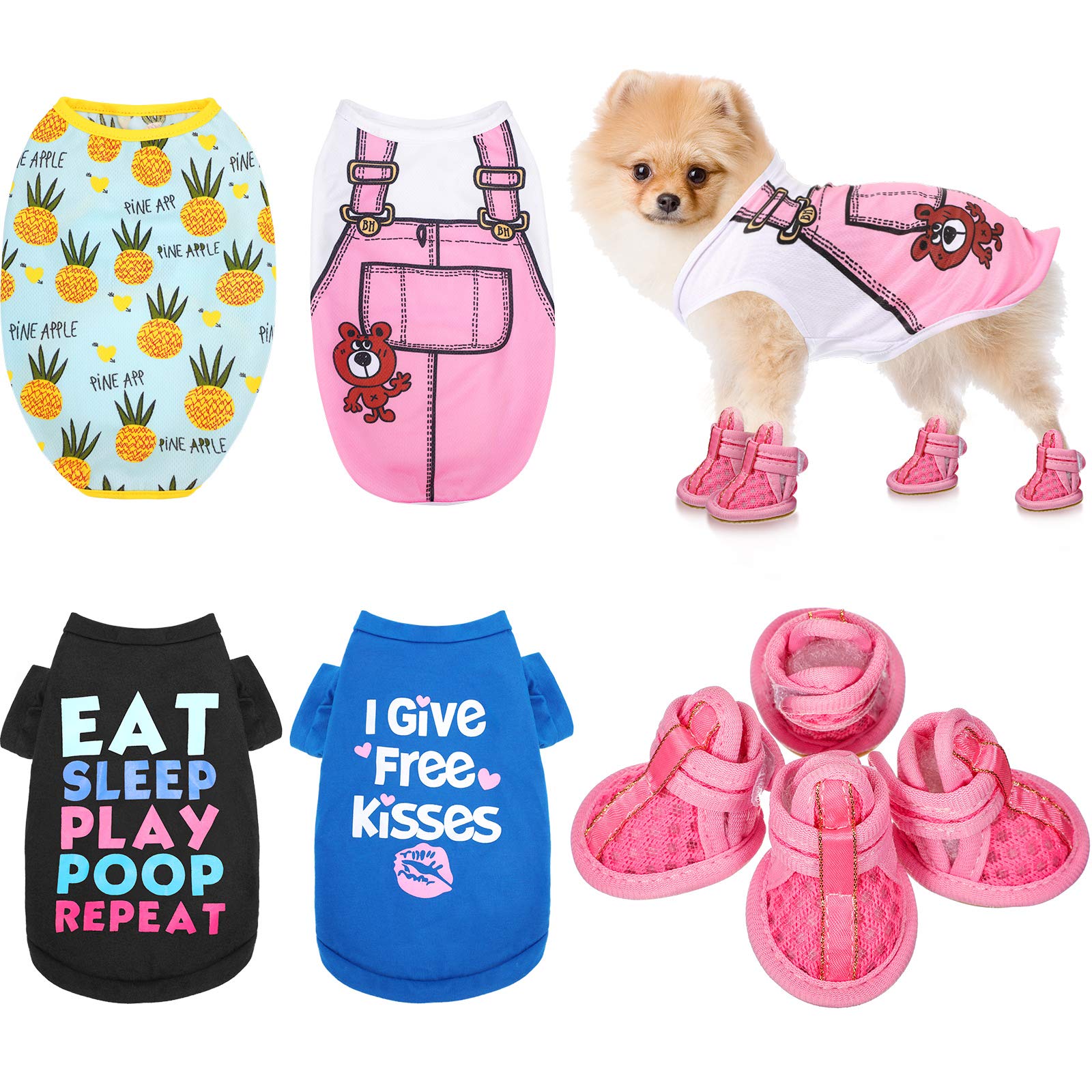 4 Pieces Shirts Printed Puppy Shirts Dog Sweatshirt and 1 Set Mesh Dog Shoes Cute Pet Boots Sweatshirt Dog Clothing Soft Breathable Puppy Shirts for Pet Dog Cat (M)