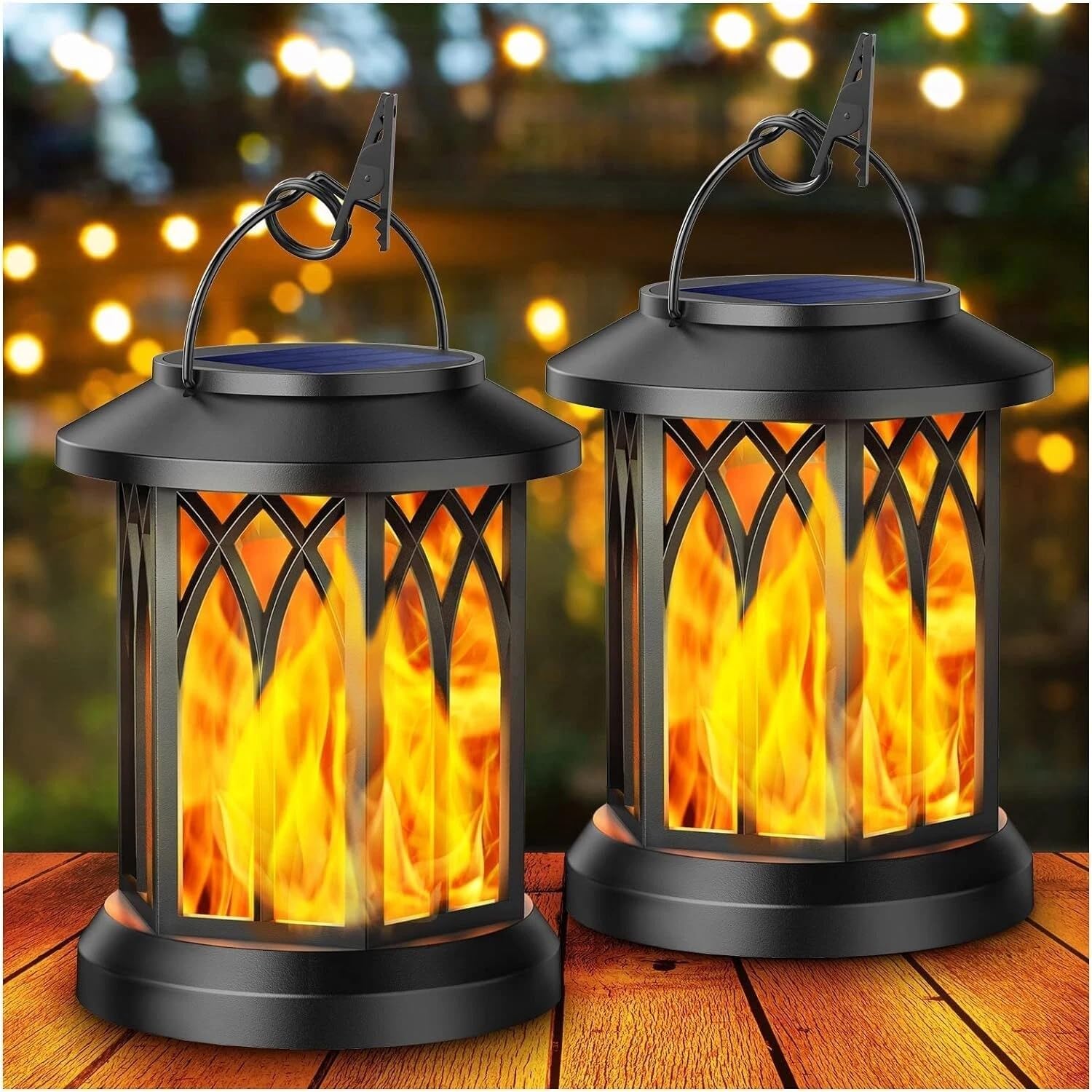 Solar Lanterns Outdoor Garden, Hanging Solar Garden Lanterns with Realistic Flickering Flame, Waterproof Solar Garden Ornaments for Patio, Pathway, Table (2 Pack)